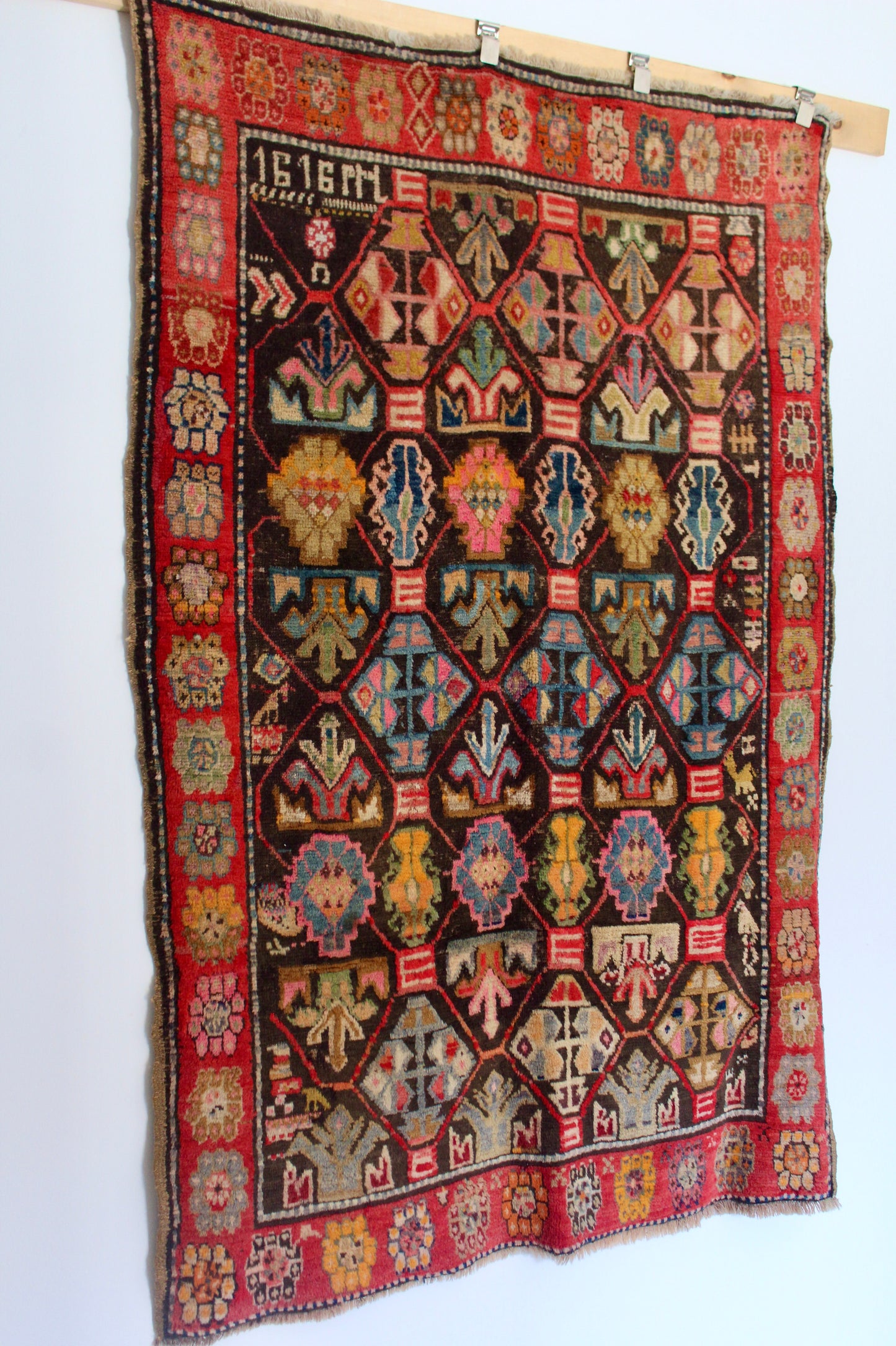 Antique Turkish Kurdish Geometric Carpet, Appears Dated 1919