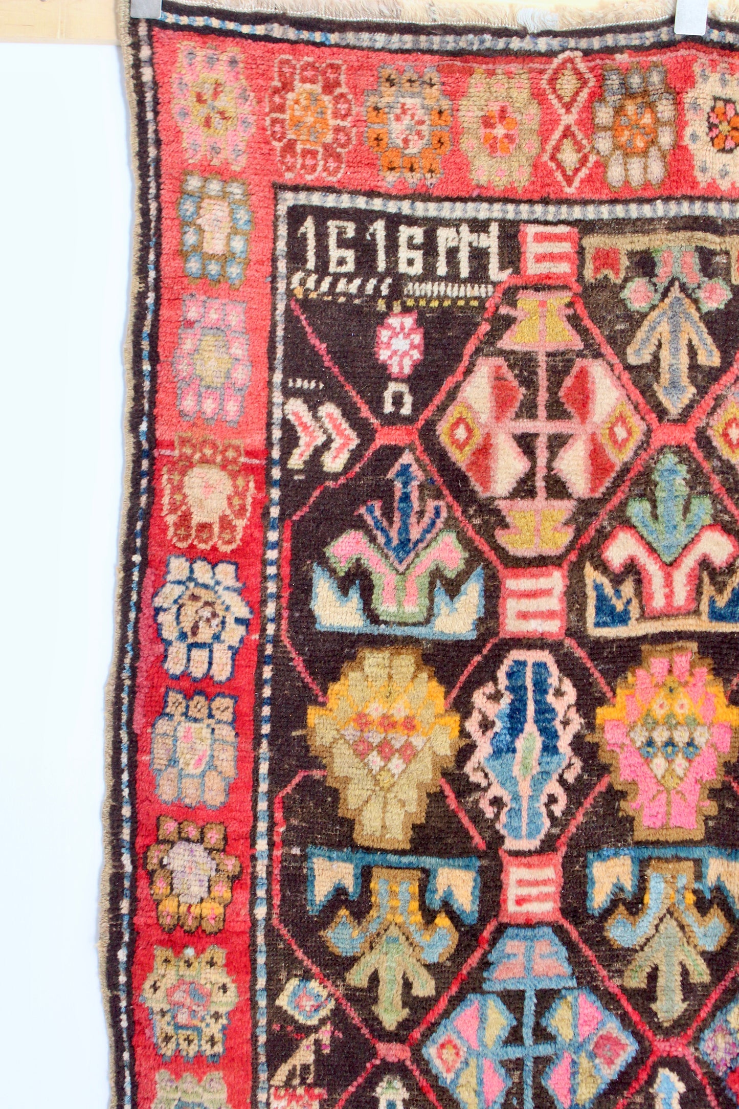 Antique Turkish Kurdish Geometric Carpet, Appears Dated 1919
