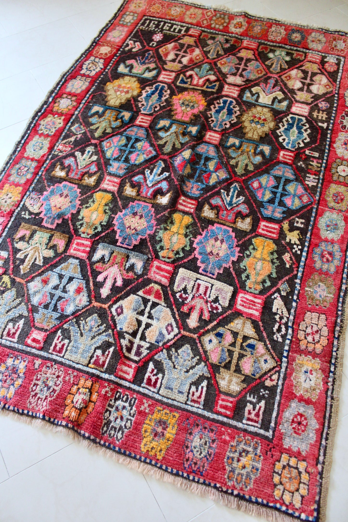 Antique Turkish Kurdish Geometric Carpet, Appears Dated 1919