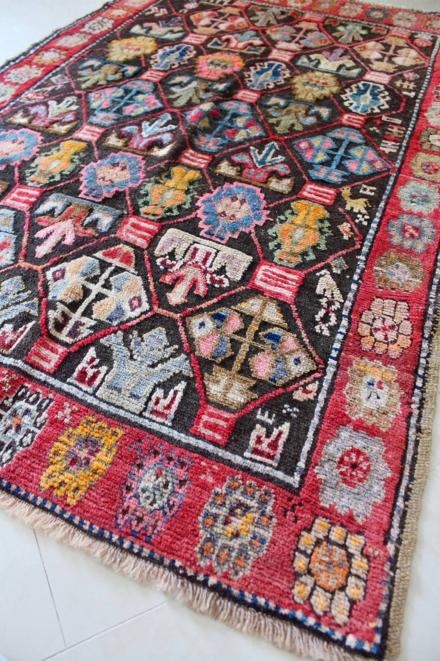 Antique Turkish Kurdish Geometric Carpet, Appears Dated 1919