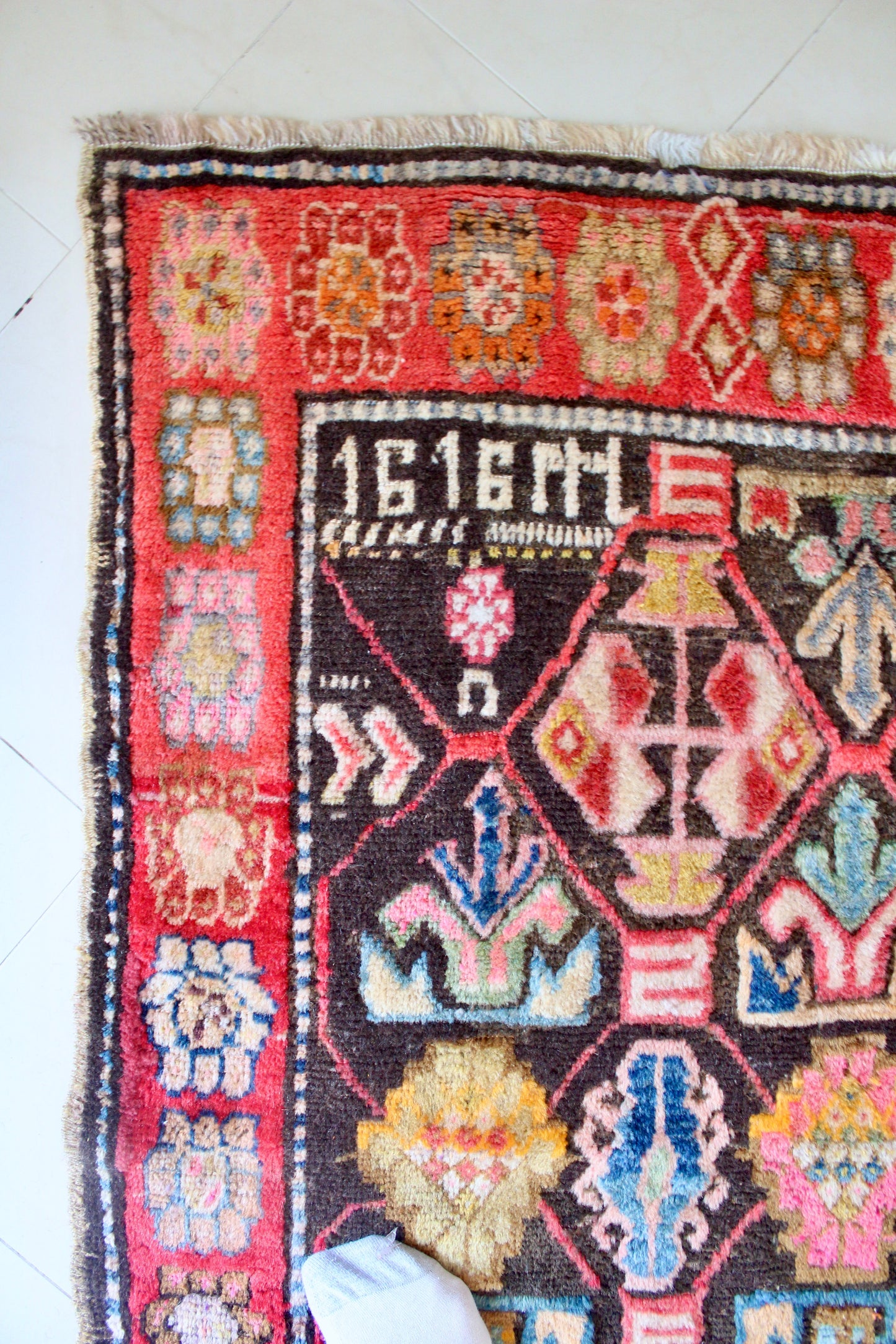 Antique Turkish Kurdish Geometric Carpet, Appears Dated 1919