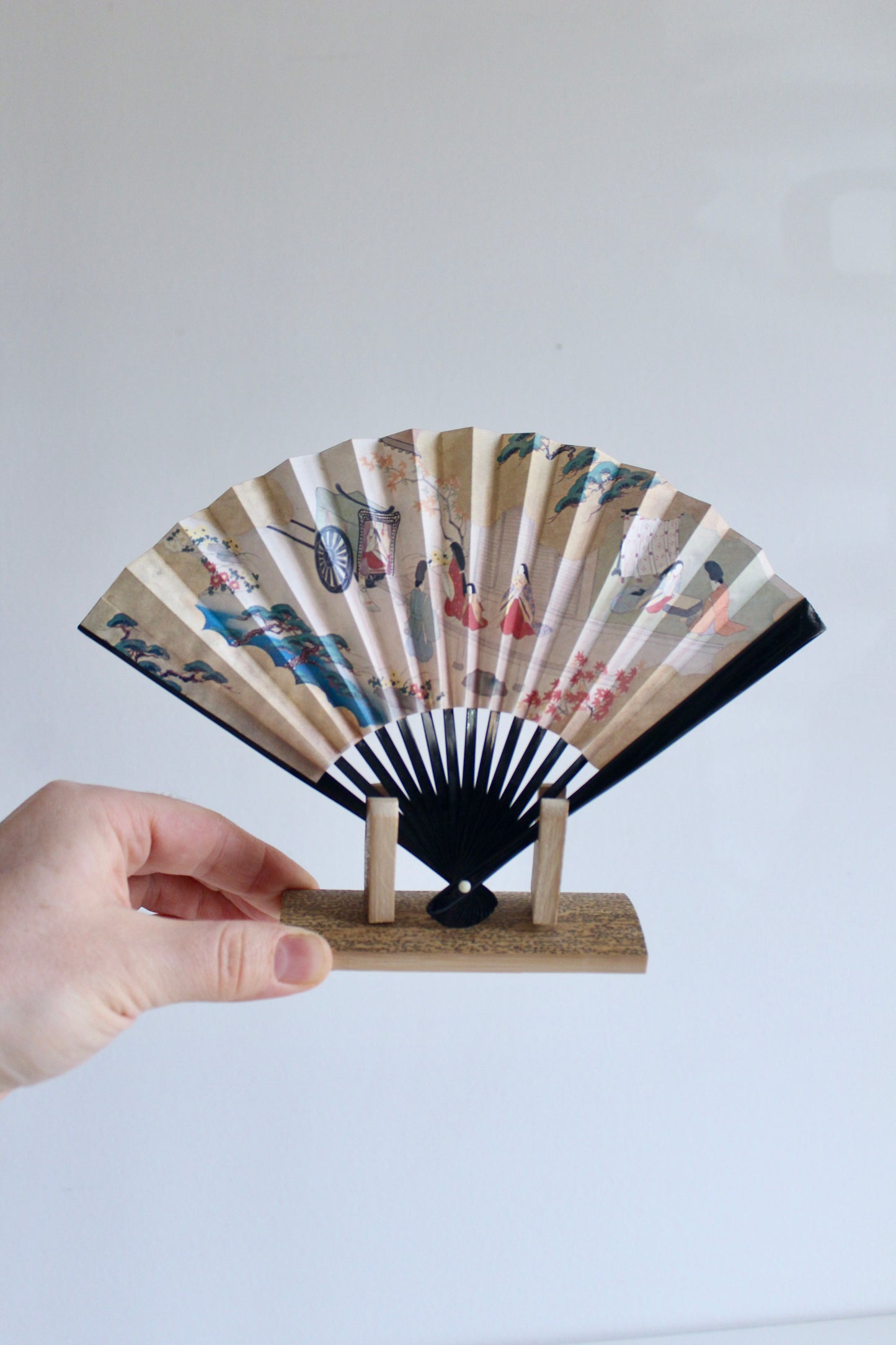 Vintage 1980s Japanese Paper Fan with Stand