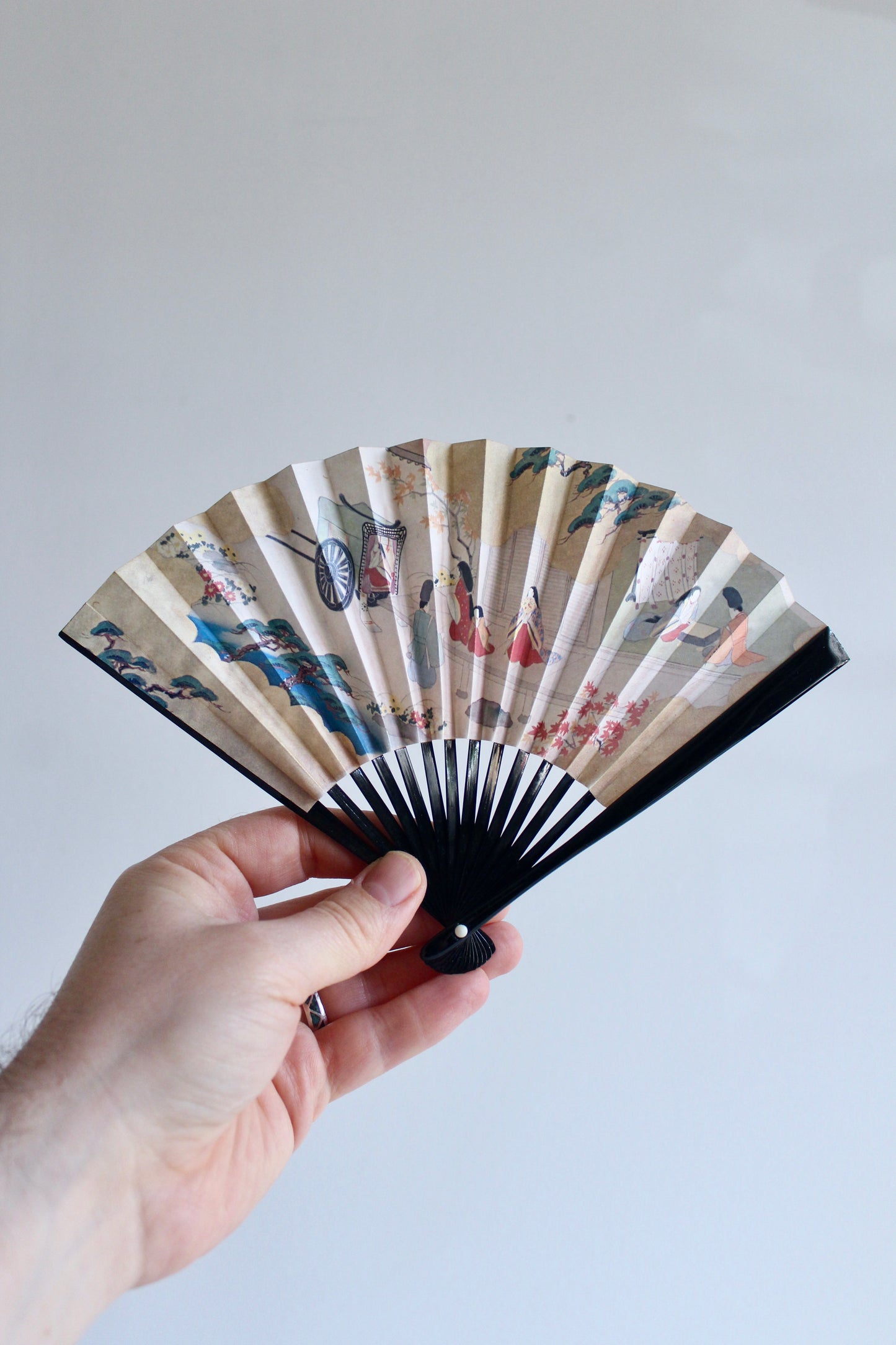 Vintage 1980s Japanese Paper Fan with Stand