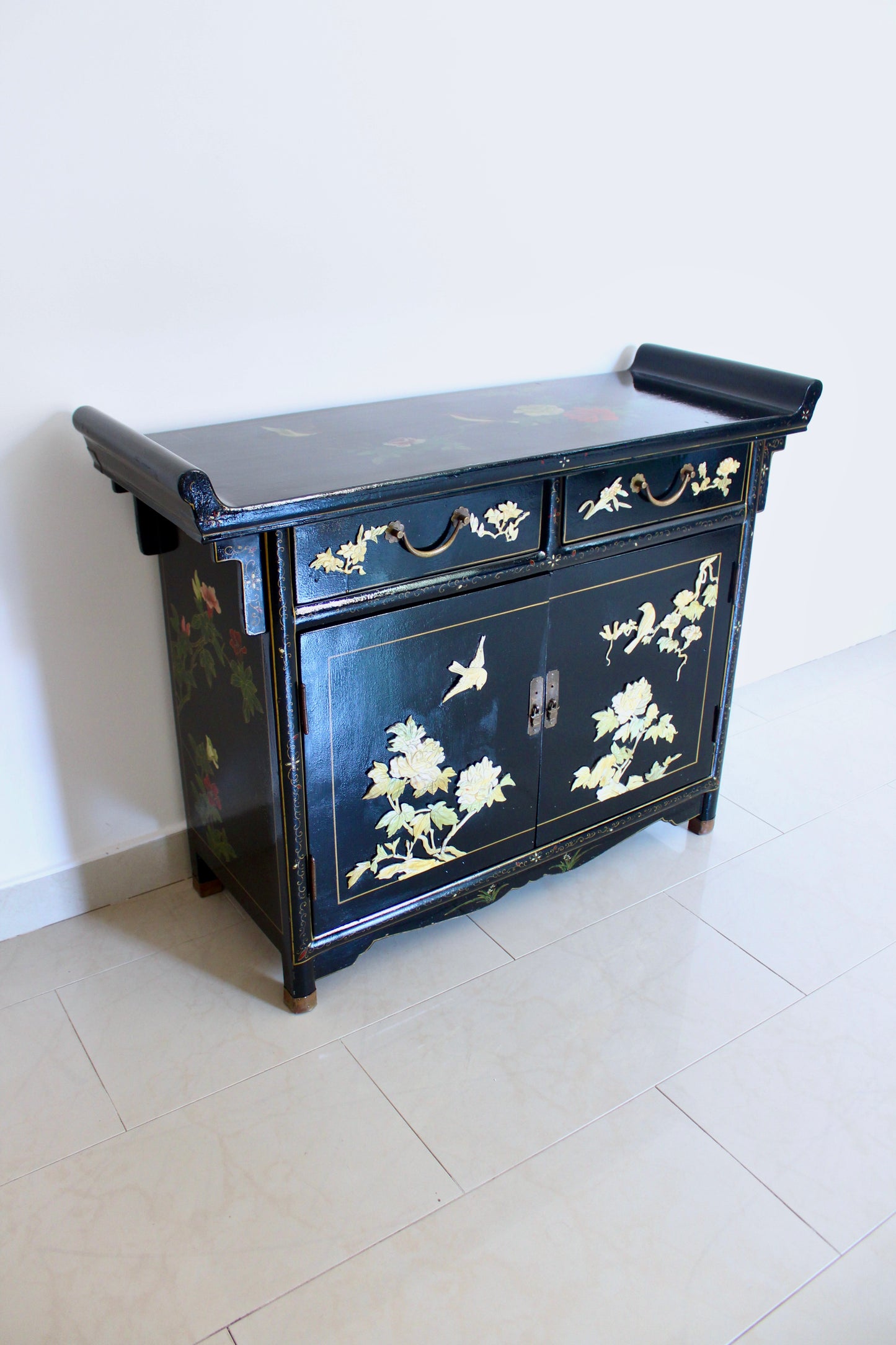 Vintage Black Lacquer Chinoiserie Cabinet with Soap Stone Carvings