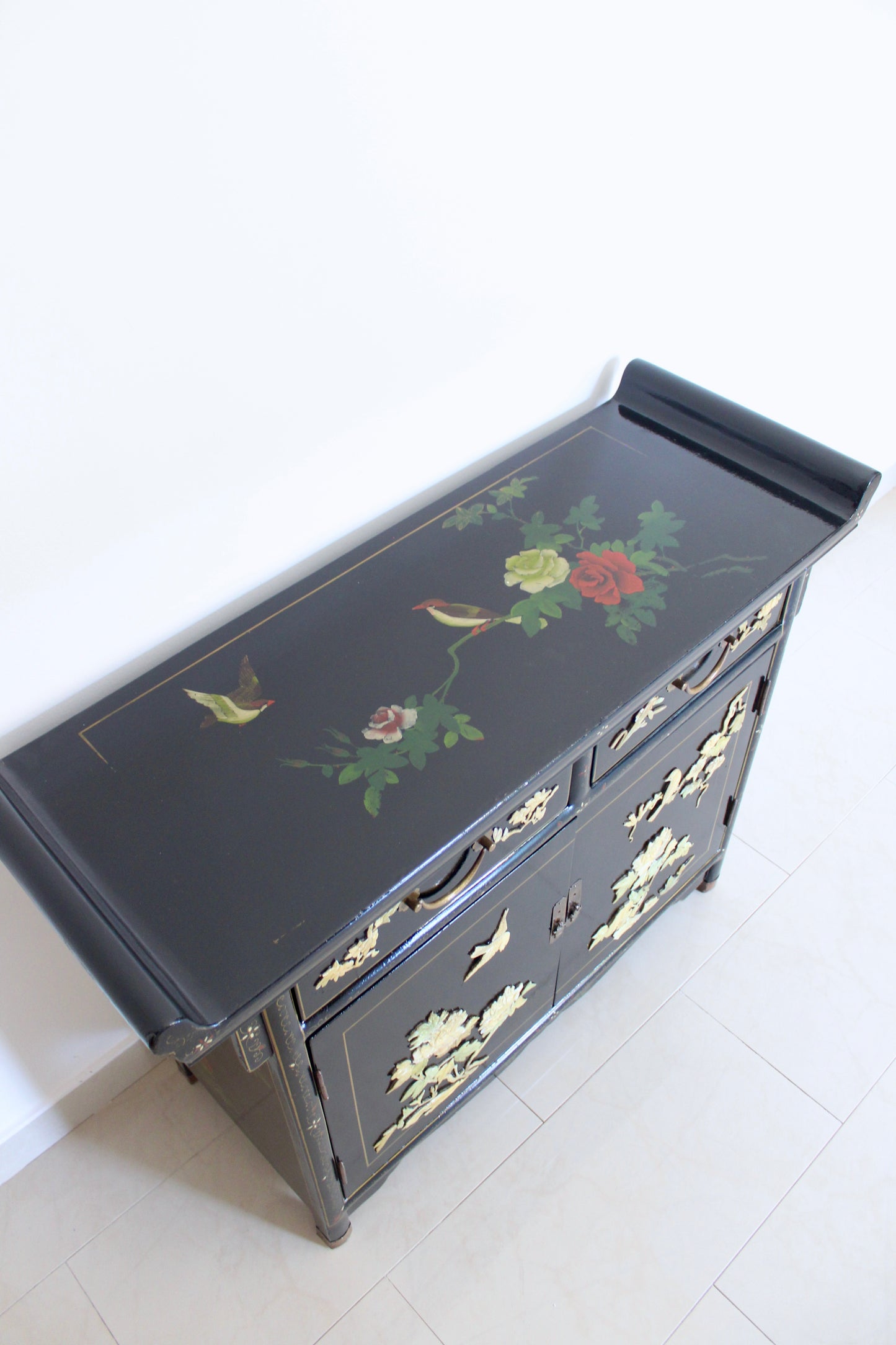 Vintage Black Lacquer Chinoiserie Cabinet with Soap Stone Carvings