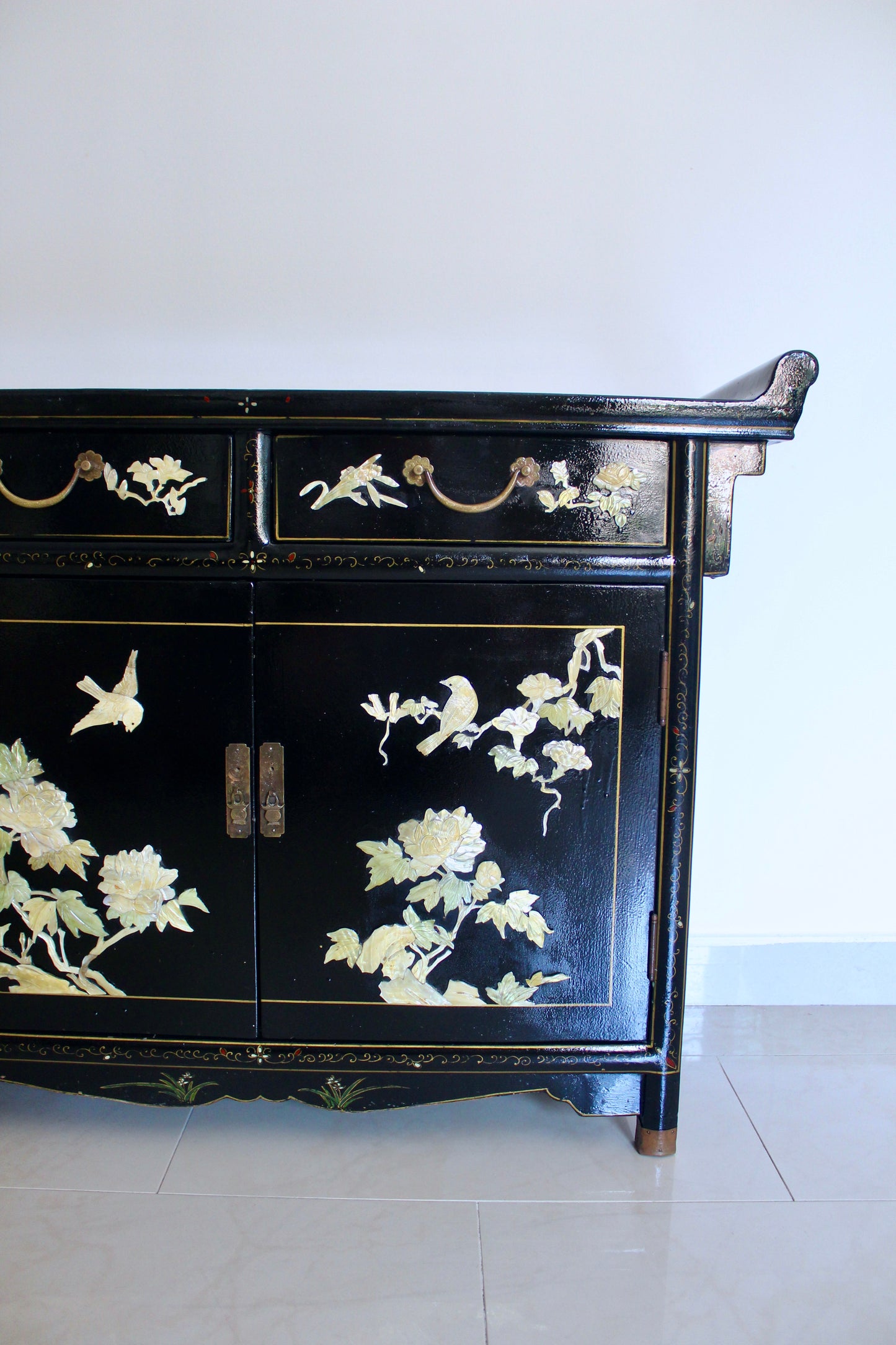 Vintage Black Lacquer Chinoiserie Cabinet with Soap Stone Carvings
