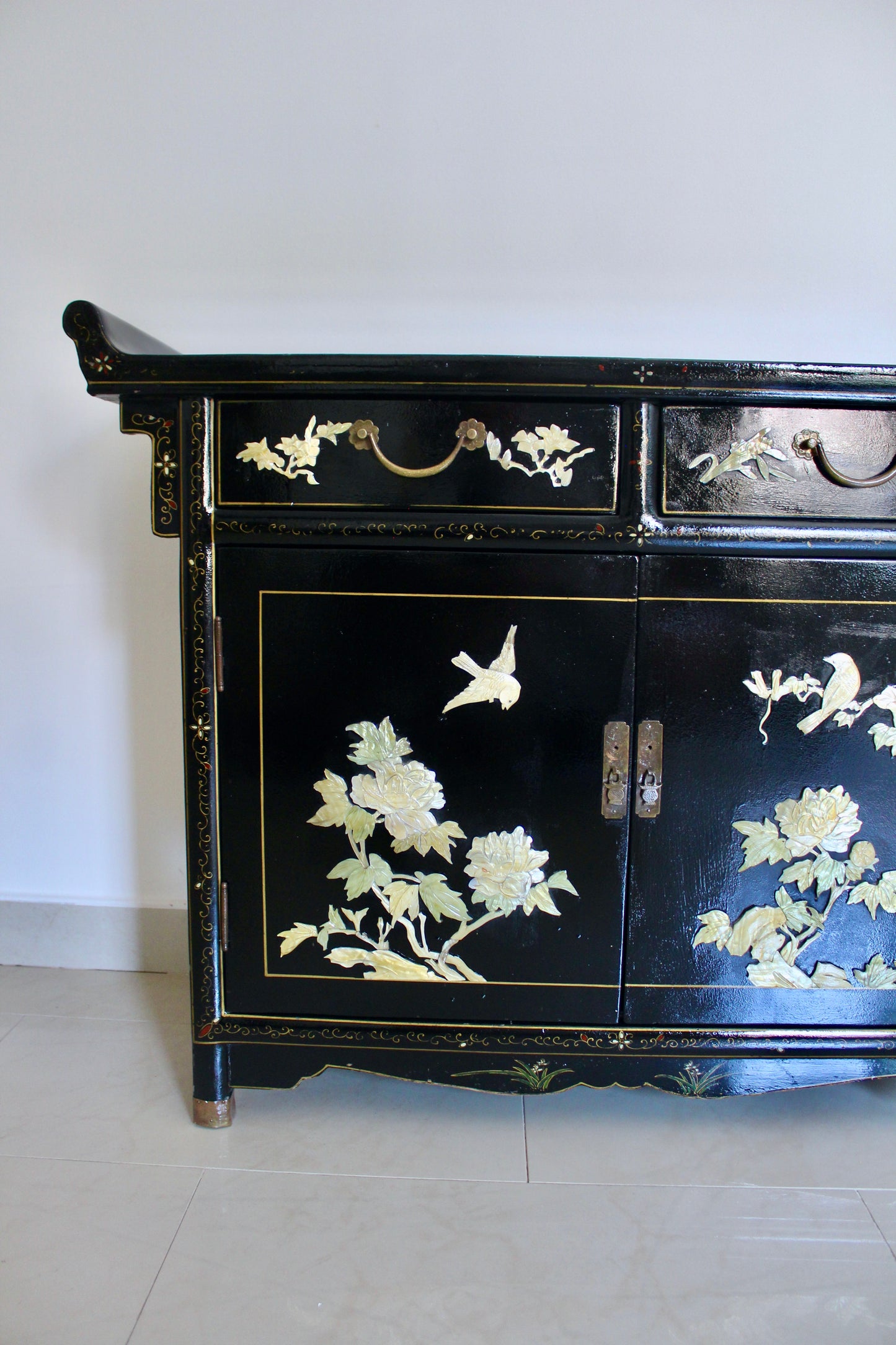 Vintage Black Lacquer Chinoiserie Cabinet with Soap Stone Carvings