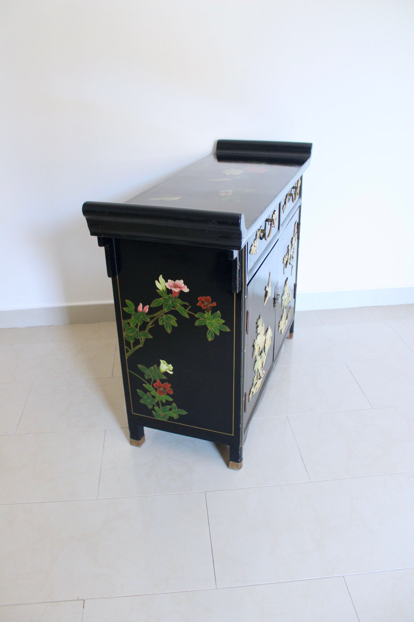 Vintage Black Lacquer Chinoiserie Cabinet with Soap Stone Carvings