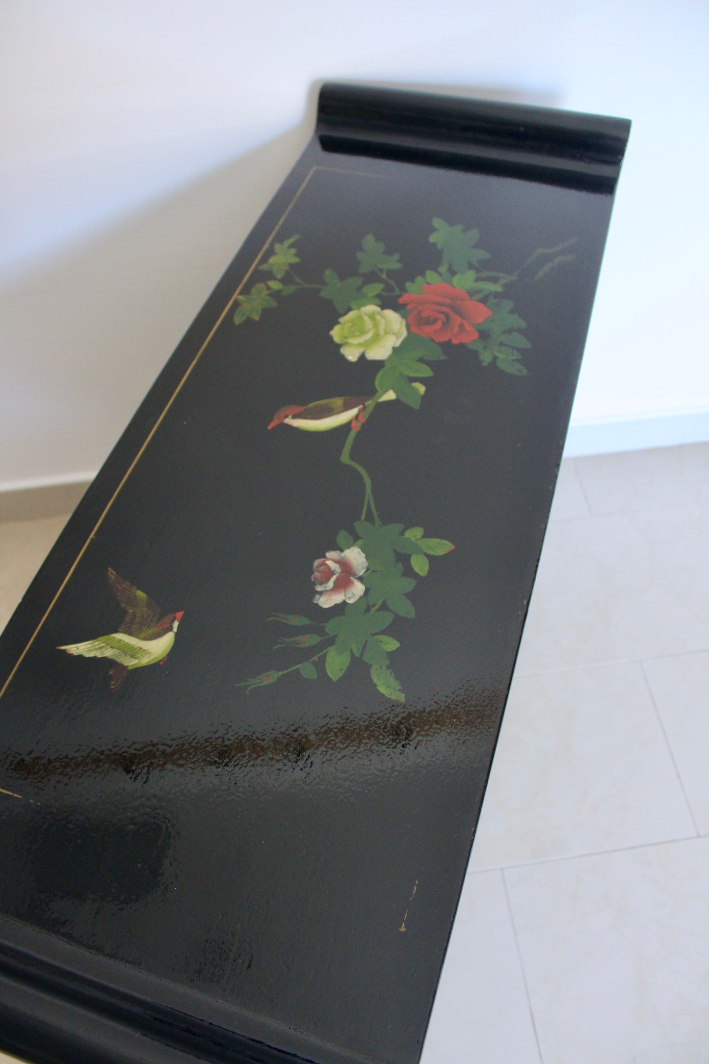 Vintage Black Lacquer Chinoiserie Cabinet with Soap Stone Carvings