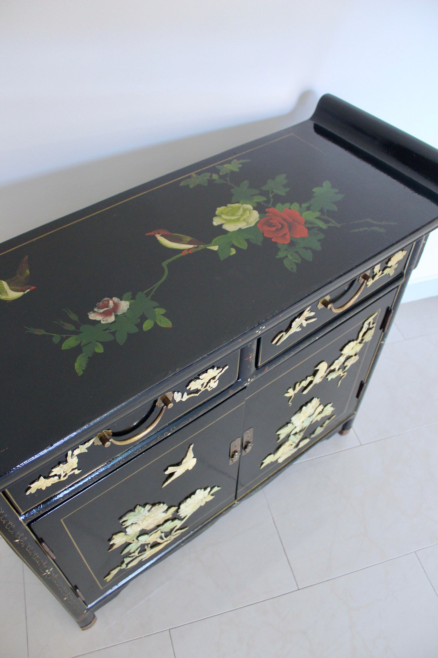 Vintage Black Lacquer Chinoiserie Cabinet with Soap Stone Carvings