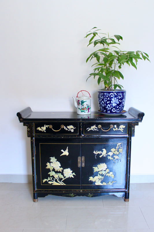 Vintage Black Lacquer Chinoiserie Cabinet with Soap Stone Carvings