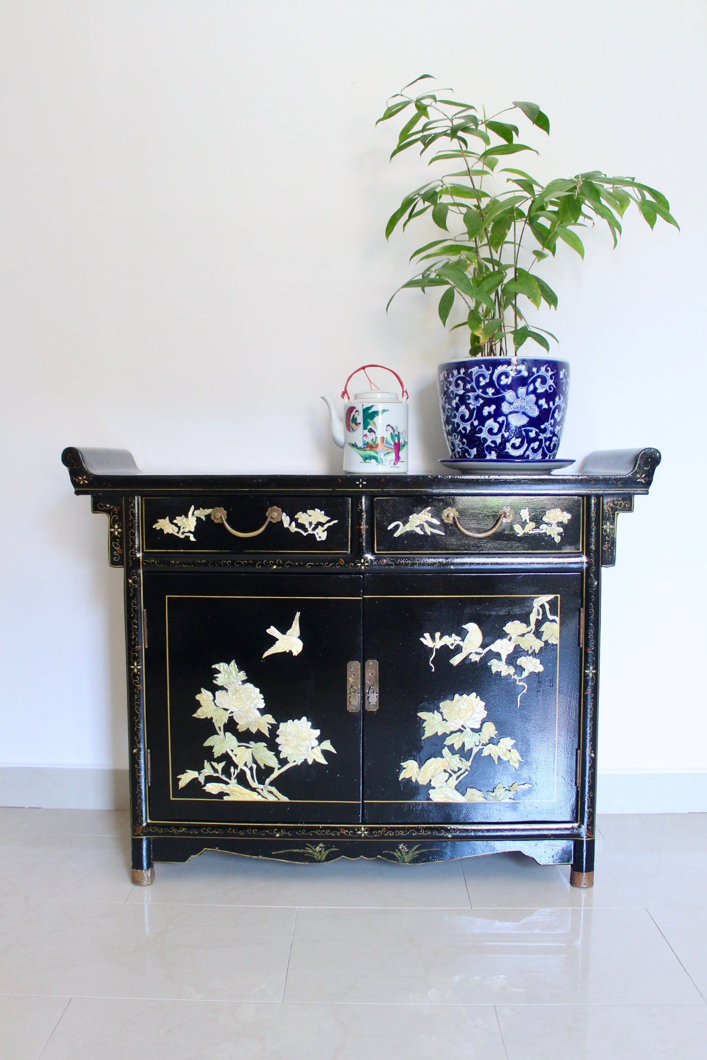 Vintage Black Lacquer Chinoiserie Cabinet with Soap Stone Carvings