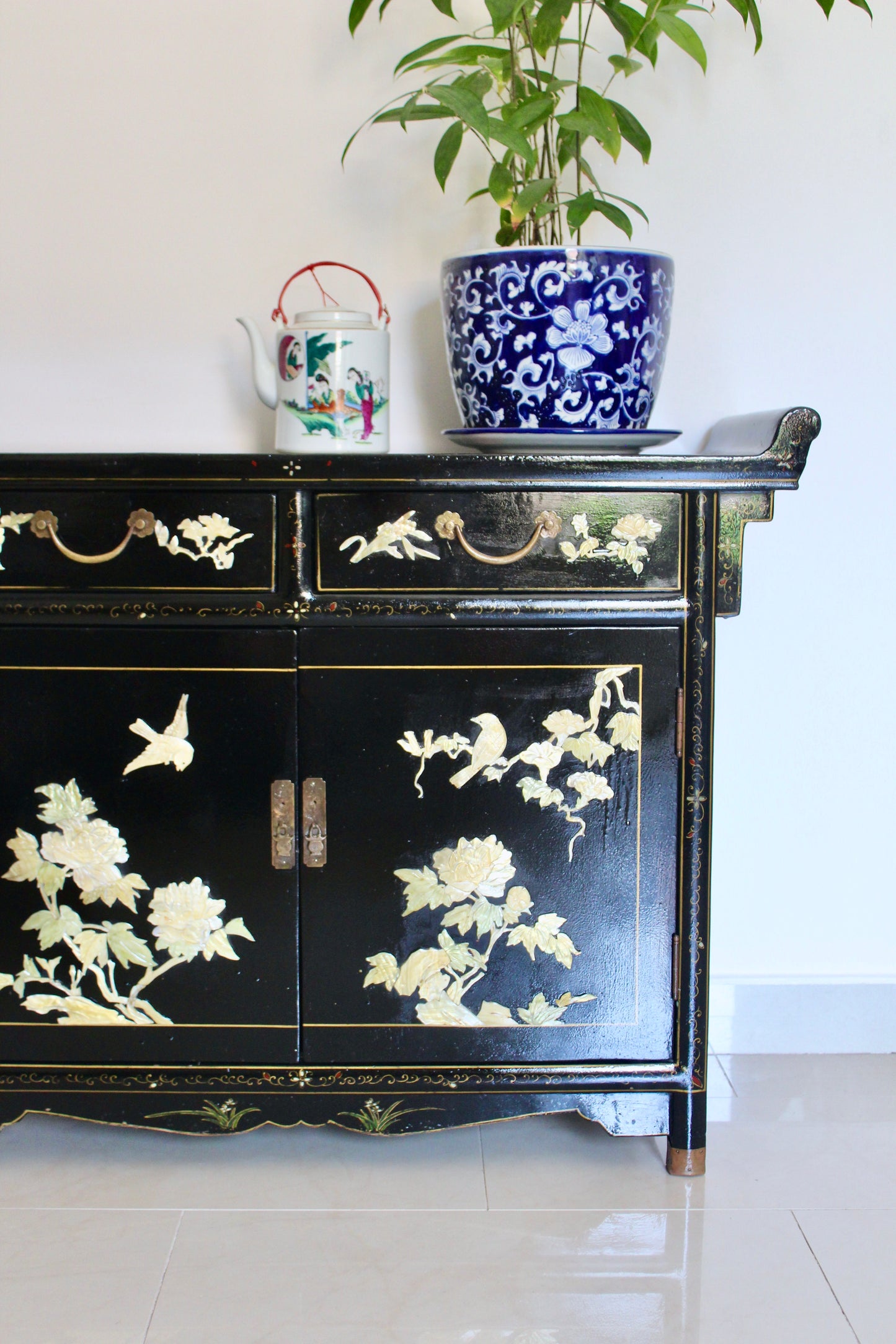 Vintage Black Lacquer Chinoiserie Cabinet with Soap Stone Carvings