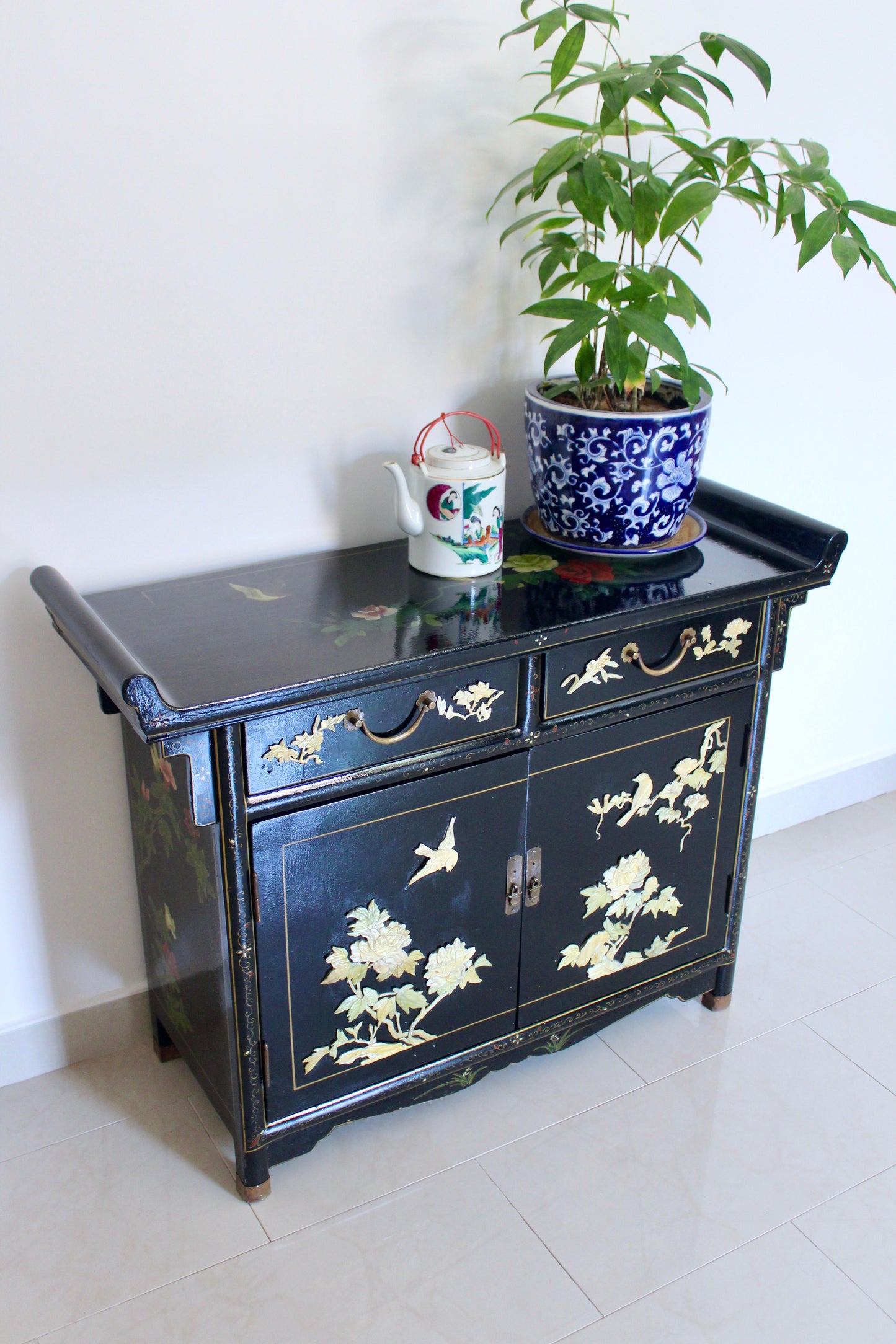 Vintage Black Lacquer Chinoiserie Cabinet with Soap Stone Carvings