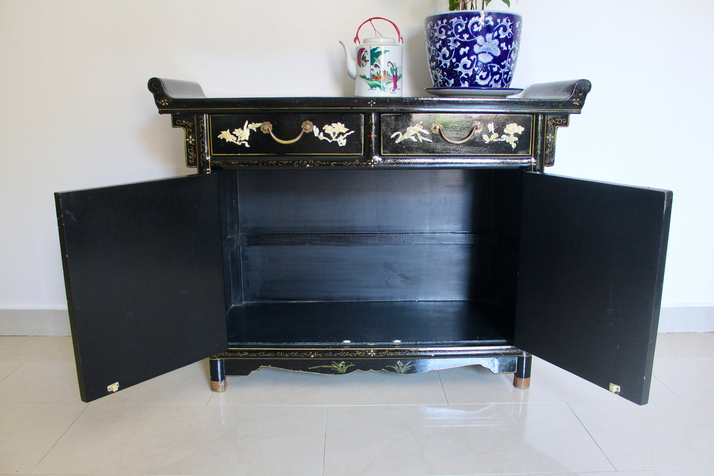 Vintage Black Lacquer Chinoiserie Cabinet with Soap Stone Carvings