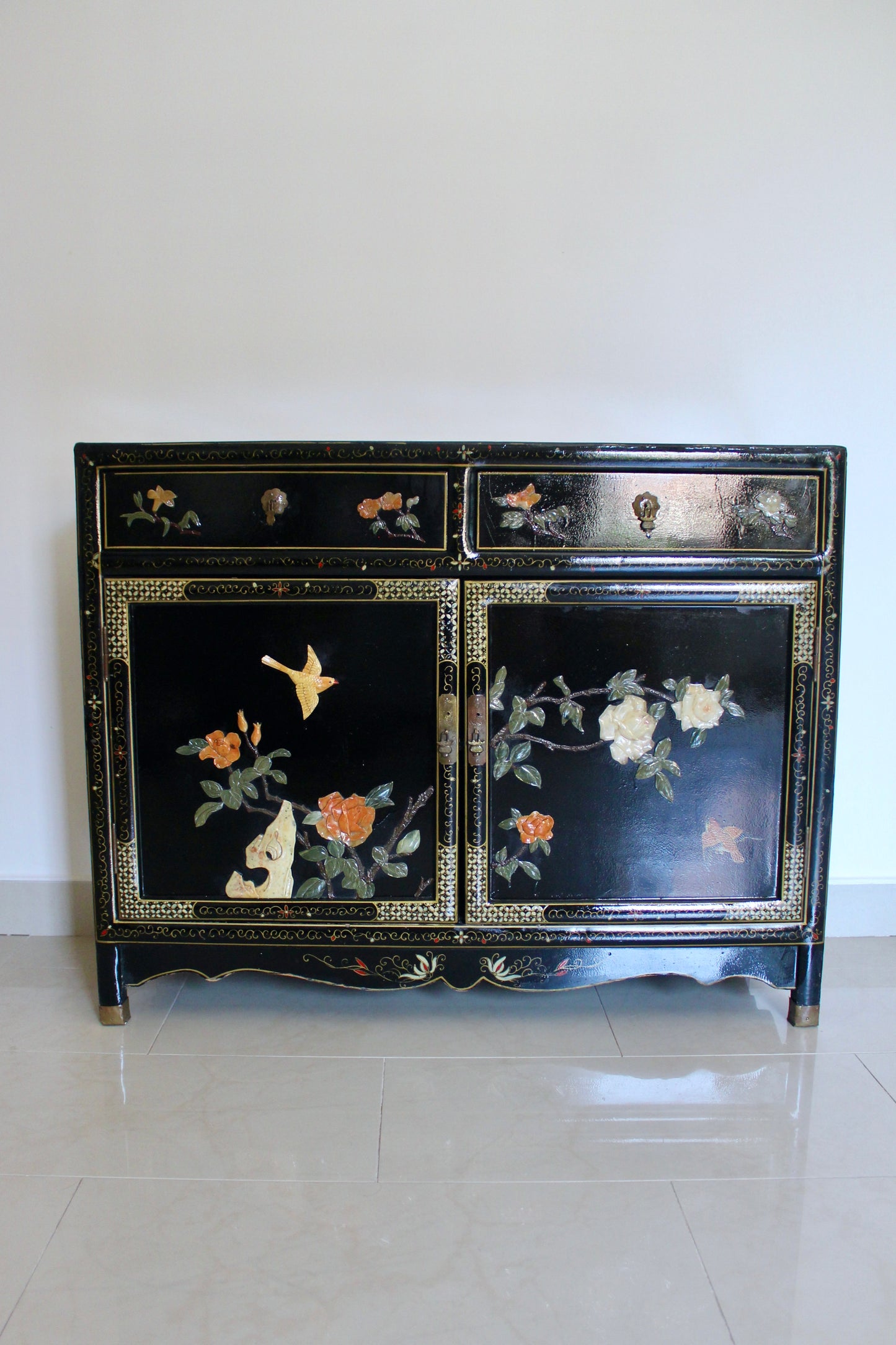 Vintage Black Lacquer Chinoiserie Cabinet with Soap Stone Carvings