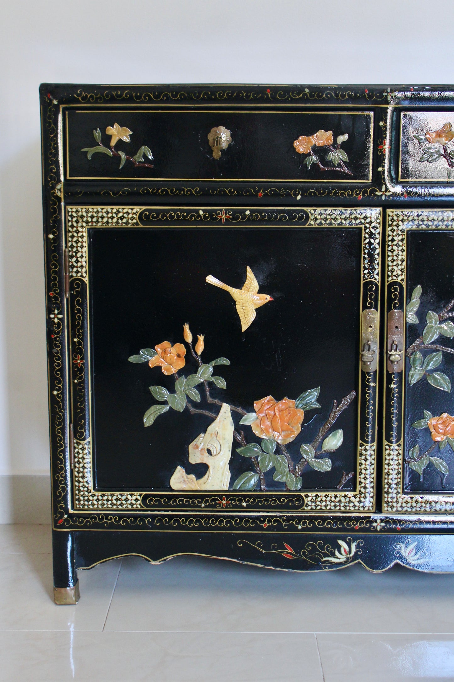 Vintage Black Lacquer Chinoiserie Cabinet with Soap Stone Carvings