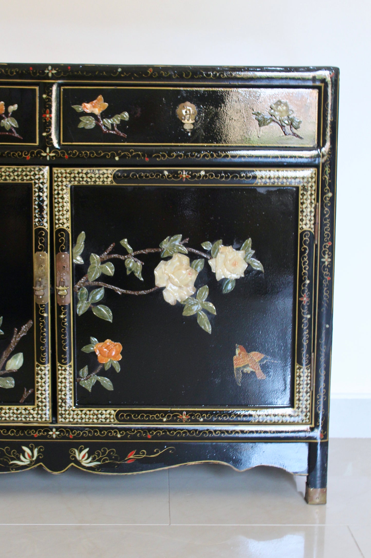 Vintage Black Lacquer Chinoiserie Cabinet with Soap Stone Carvings