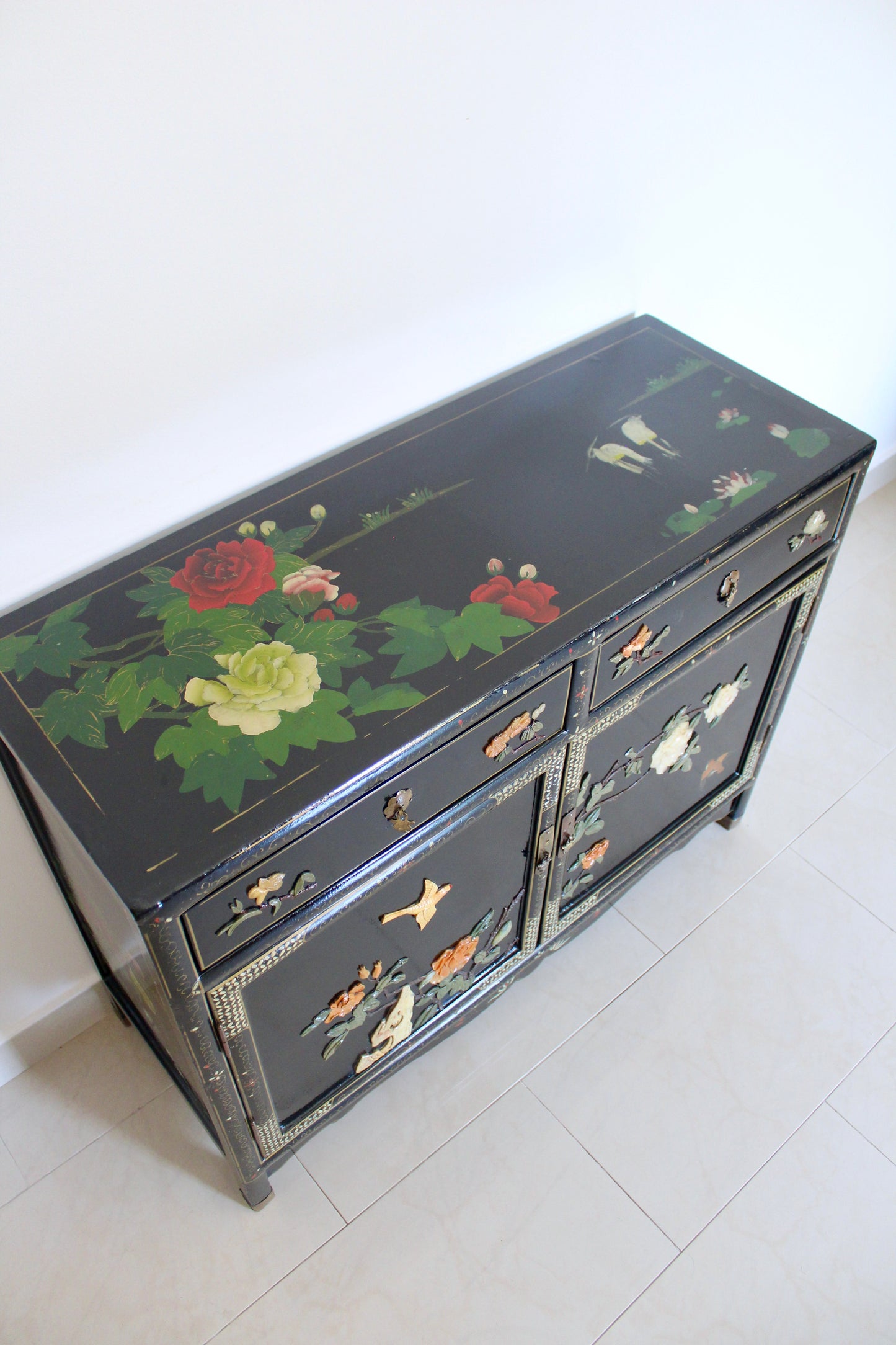 Vintage Black Lacquer Chinoiserie Cabinet with Soap Stone Carvings