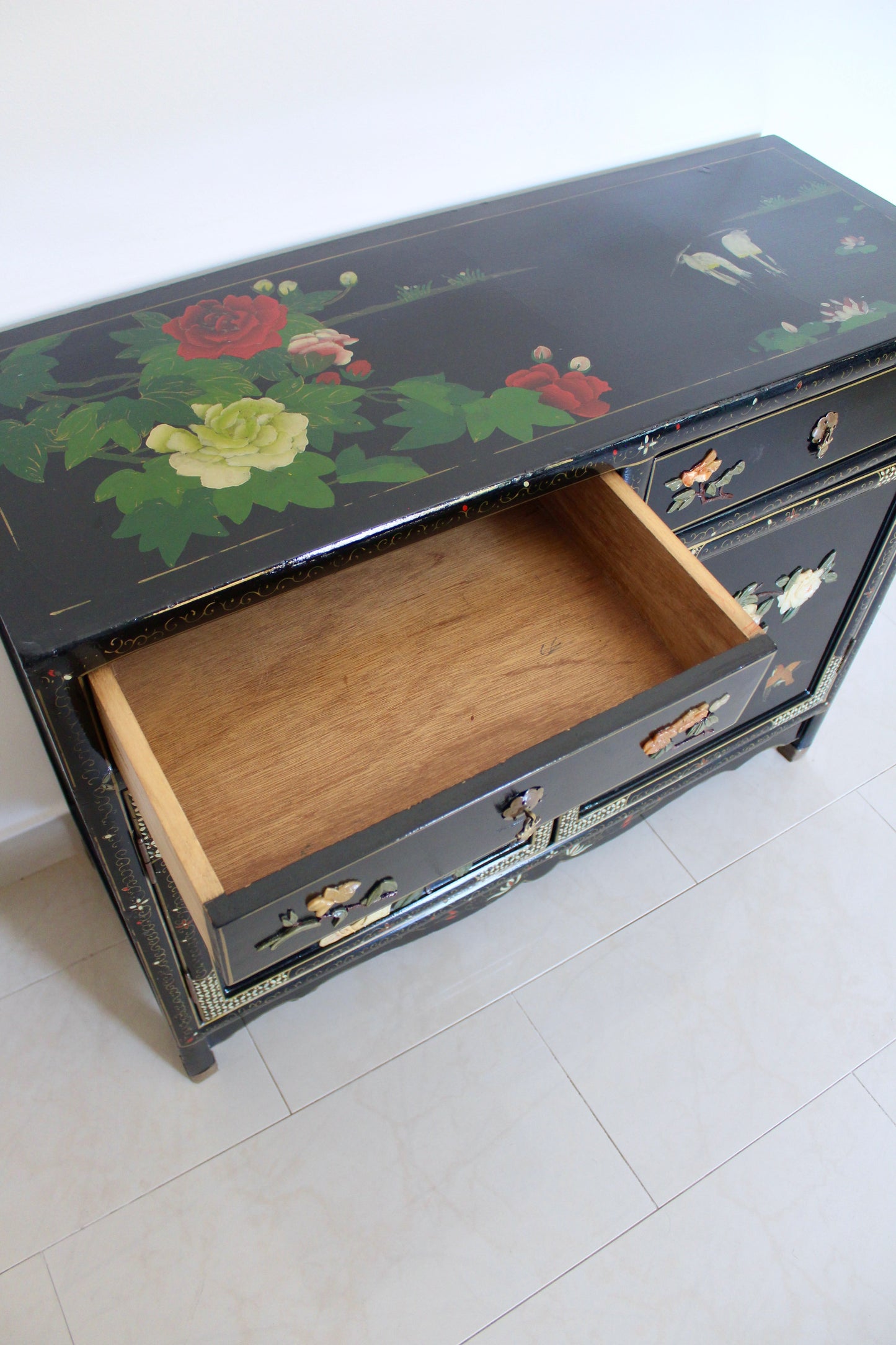 Vintage Black Lacquer Chinoiserie Cabinet with Soap Stone Carvings