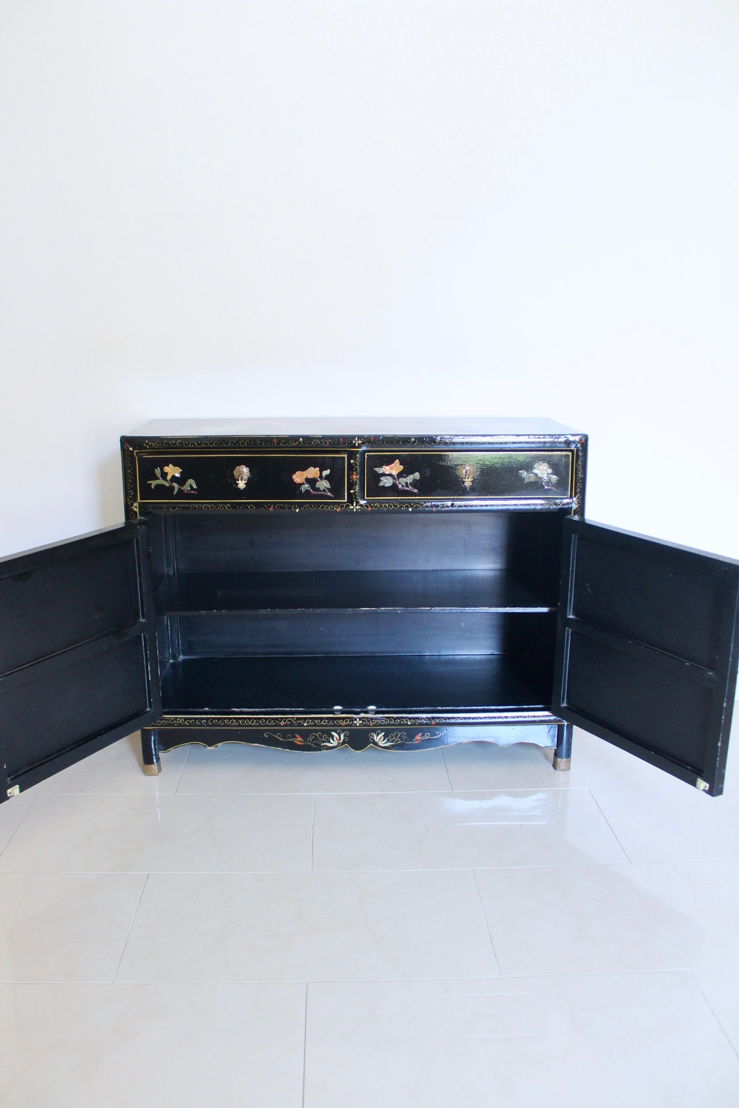 Vintage Black Lacquer Chinoiserie Cabinet with Soap Stone Carvings