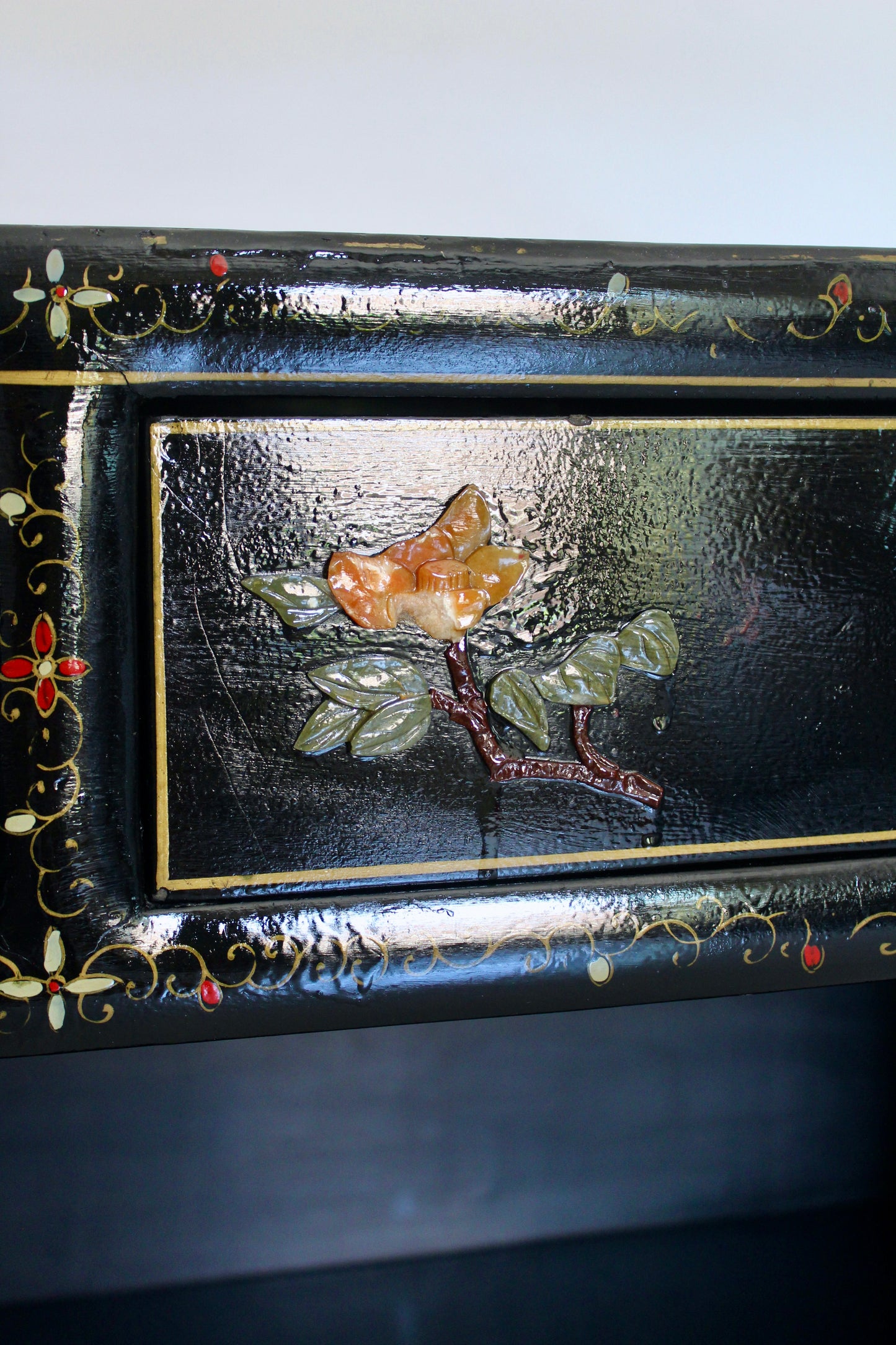Vintage Black Lacquer Chinoiserie Cabinet with Soap Stone Carvings