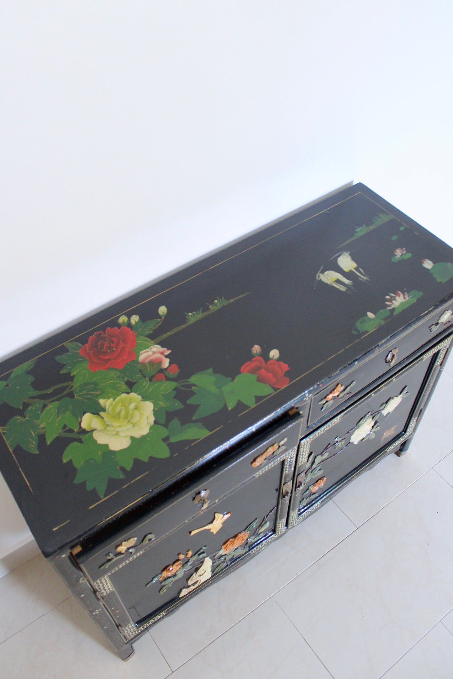 Vintage Black Lacquer Chinoiserie Cabinet with Soap Stone Carvings