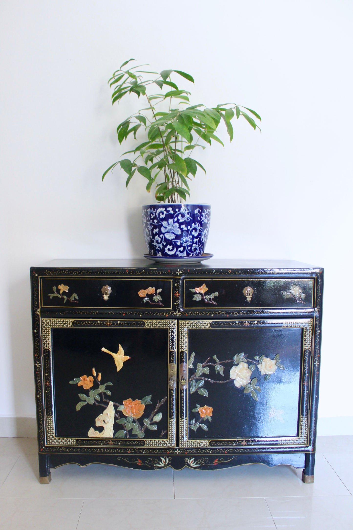 Vintage Black Lacquer Chinoiserie Cabinet with Soap Stone Carvings