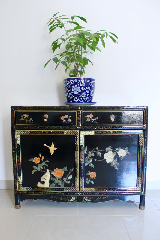 Vintage Black Lacquer Chinoiserie Cabinet with Soap Stone Carvings