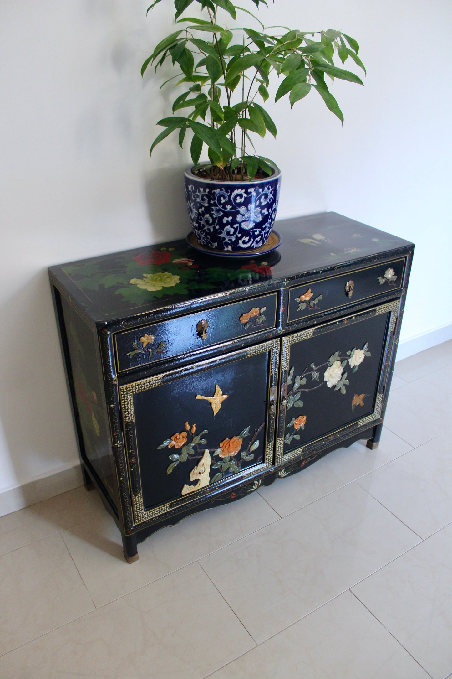 Vintage Black Lacquer Chinoiserie Cabinet with Soap Stone Carvings