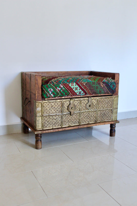 Vintage Indian Brass-Clad Bench with Custom Afghan Embroidered Cushion