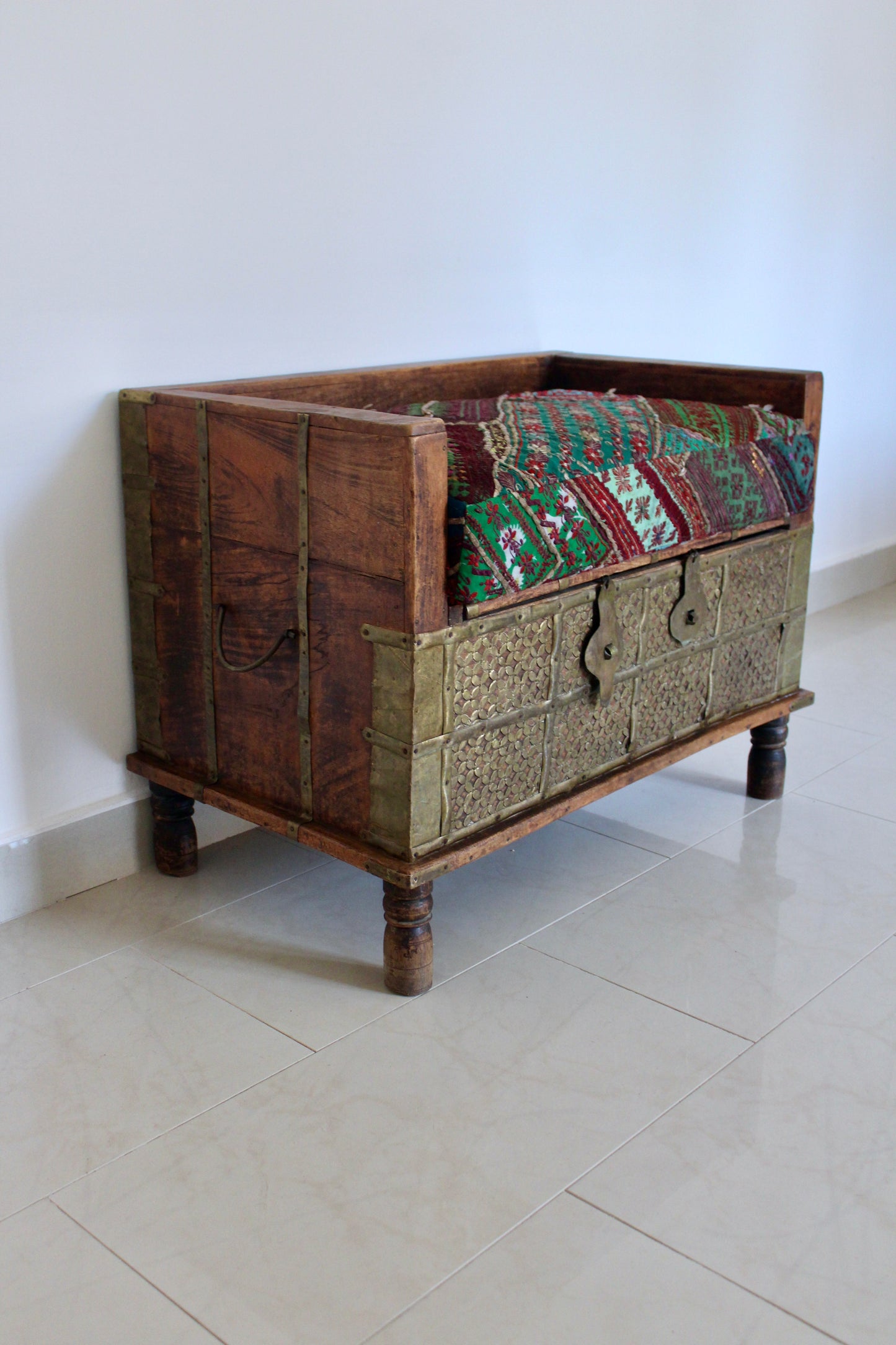 Vintage Indian Brass-Clad Bench with Custom Afghan Embroidered Cushion