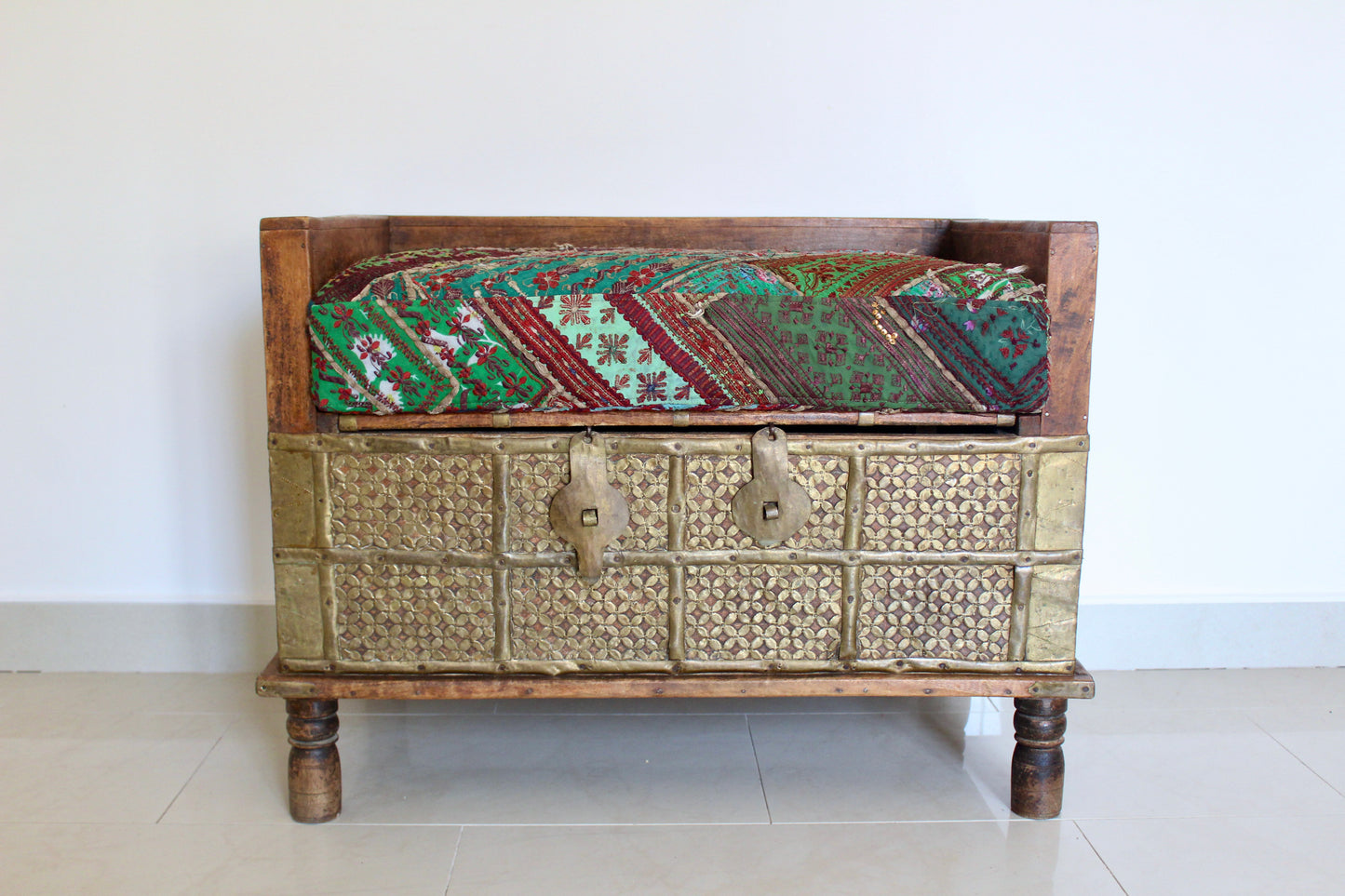 Vintage Indian Brass-Clad Bench with Custom Afghan Embroidered Cushion