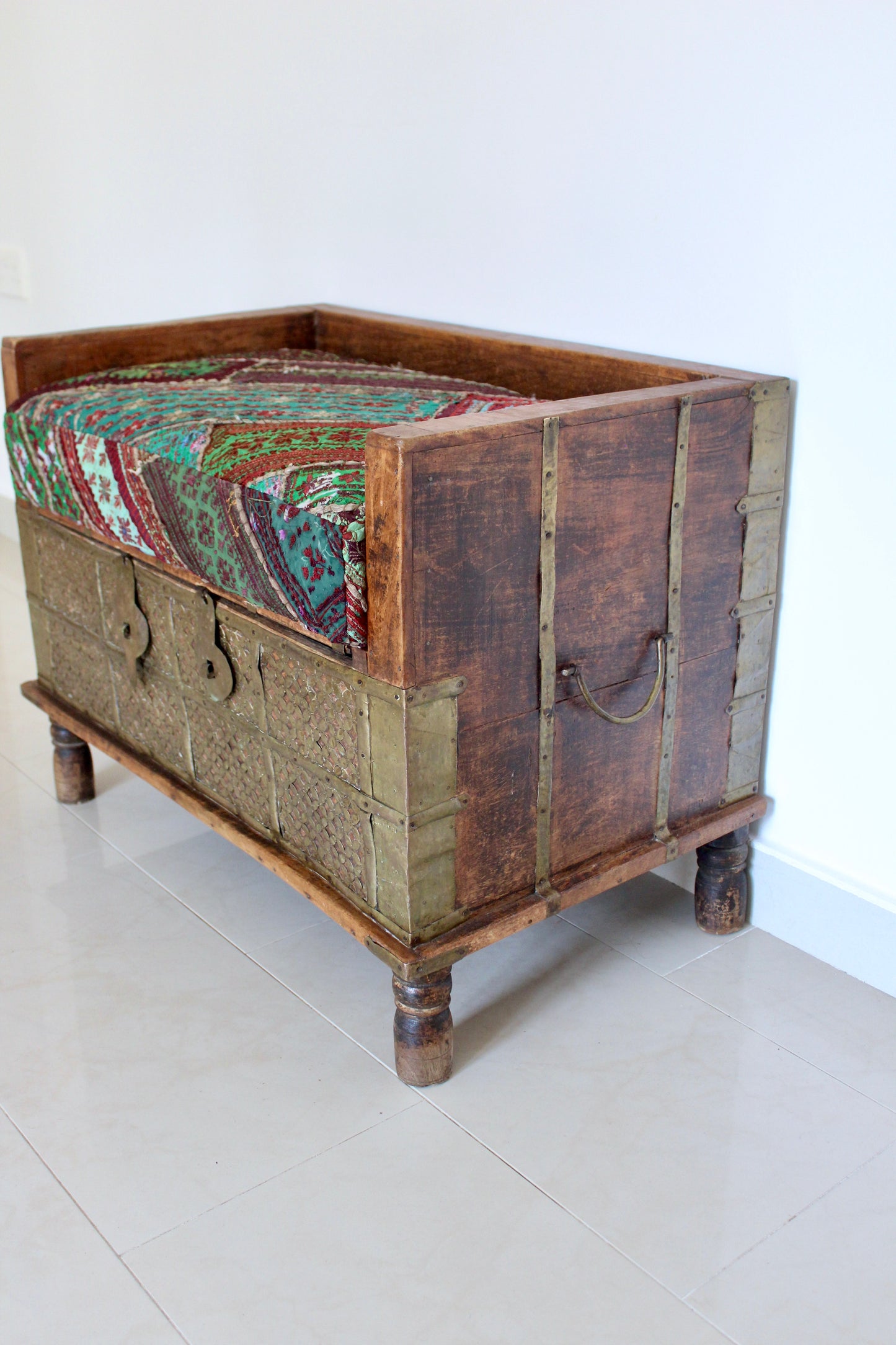 Vintage Indian Brass-Clad Bench with Custom Afghan Embroidered Cushion