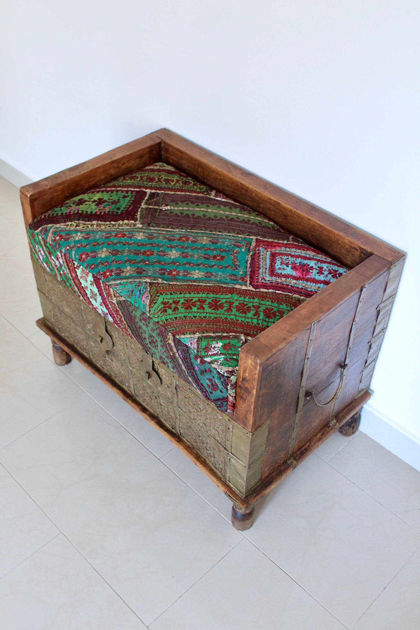 Vintage Indian Brass-Clad Bench with Custom Afghan Embroidered Cushion