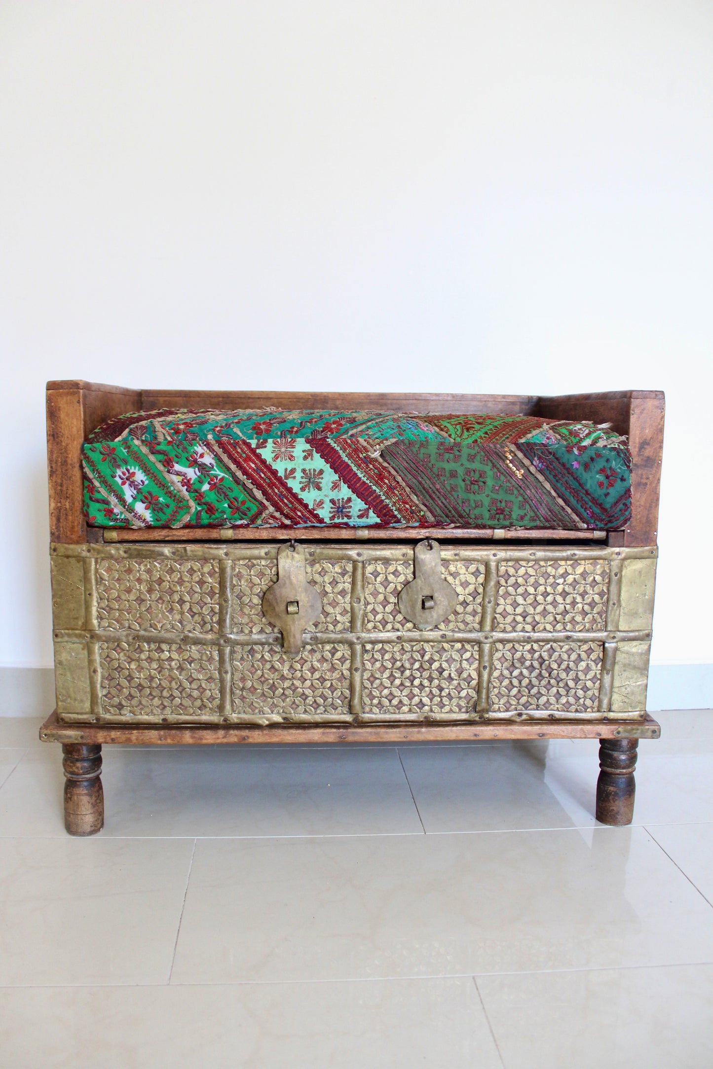 Vintage Indian Brass-Clad Bench with Custom Afghan Embroidered Cushion
