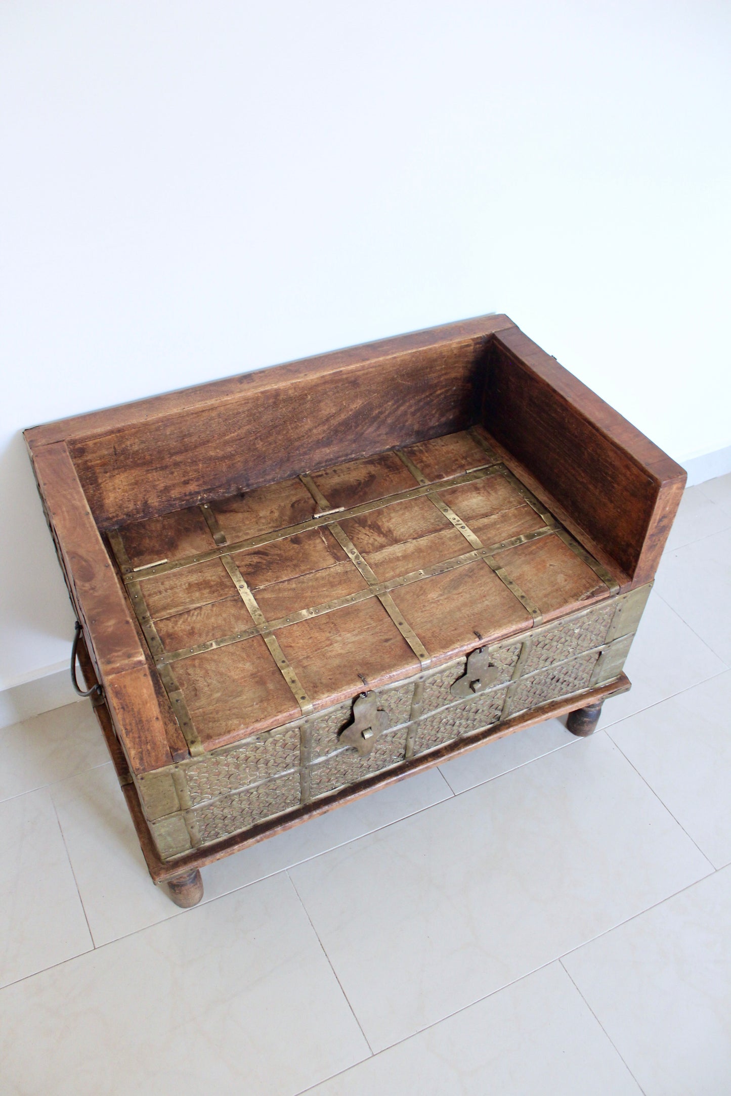 Vintage Indian Brass-Clad Bench with Custom Afghan Embroidered Cushion