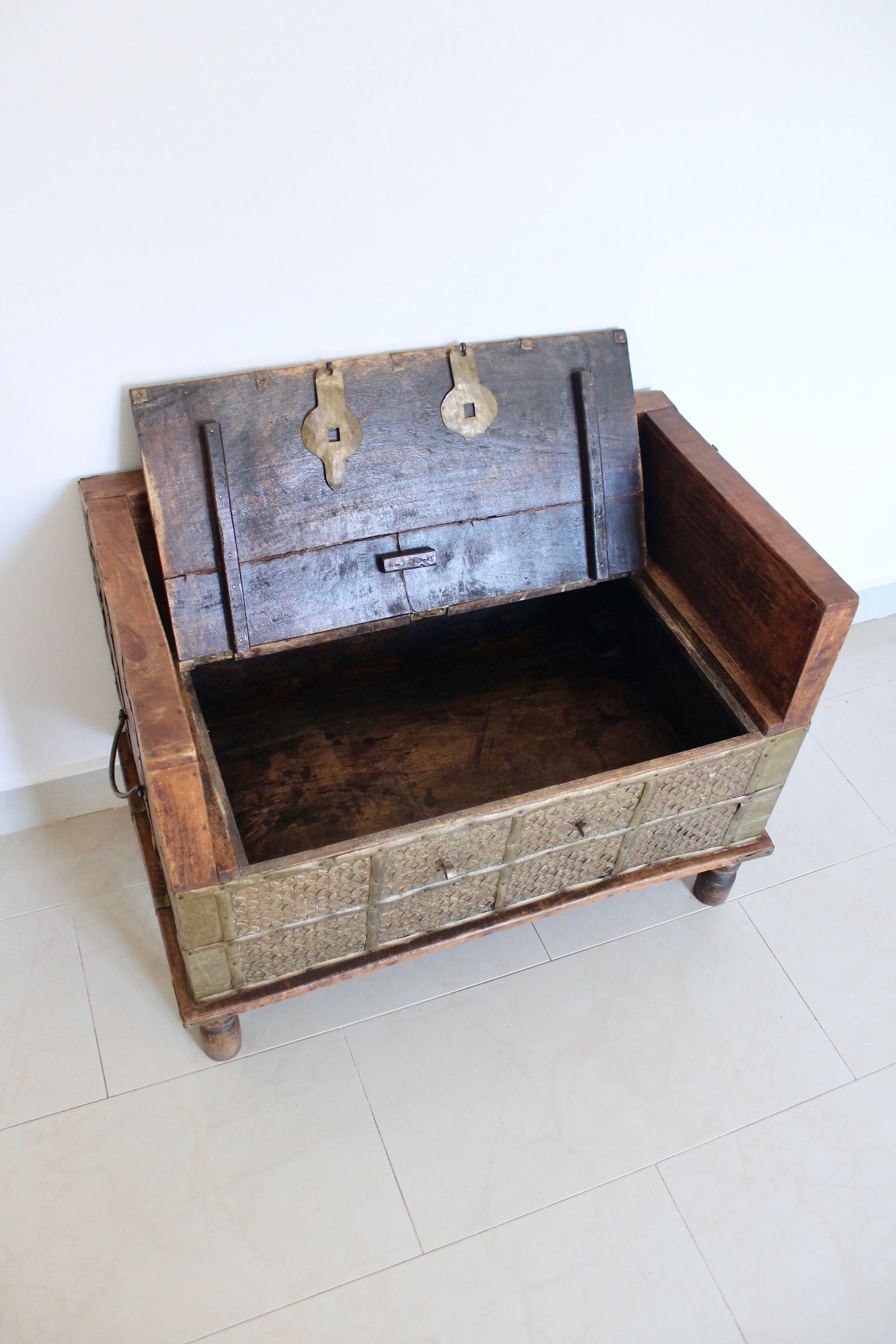 Vintage Indian Brass-Clad Bench with Custom Afghan Embroidered Cushion