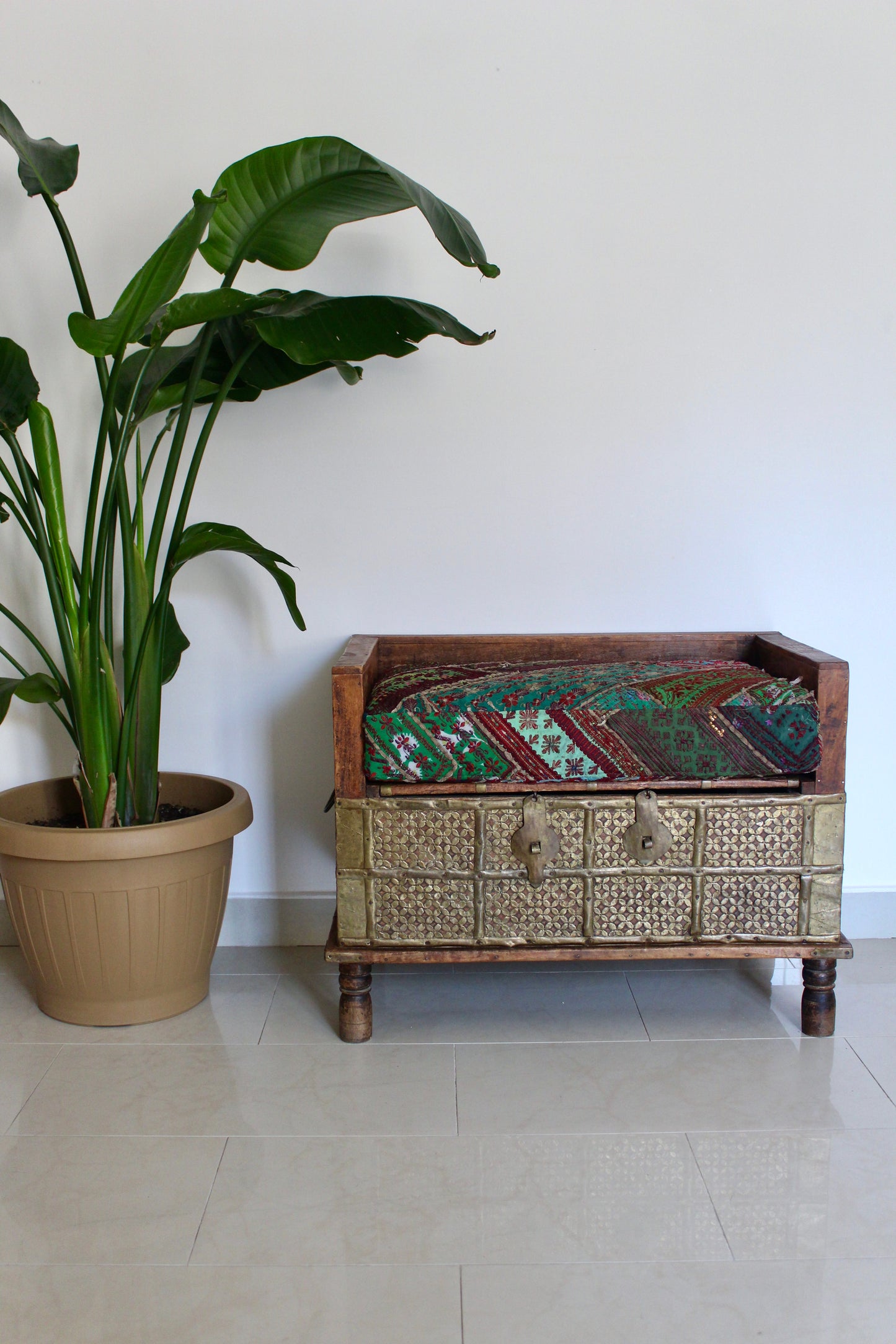 Vintage Indian Brass-Clad Bench with Custom Afghan Embroidered Cushion