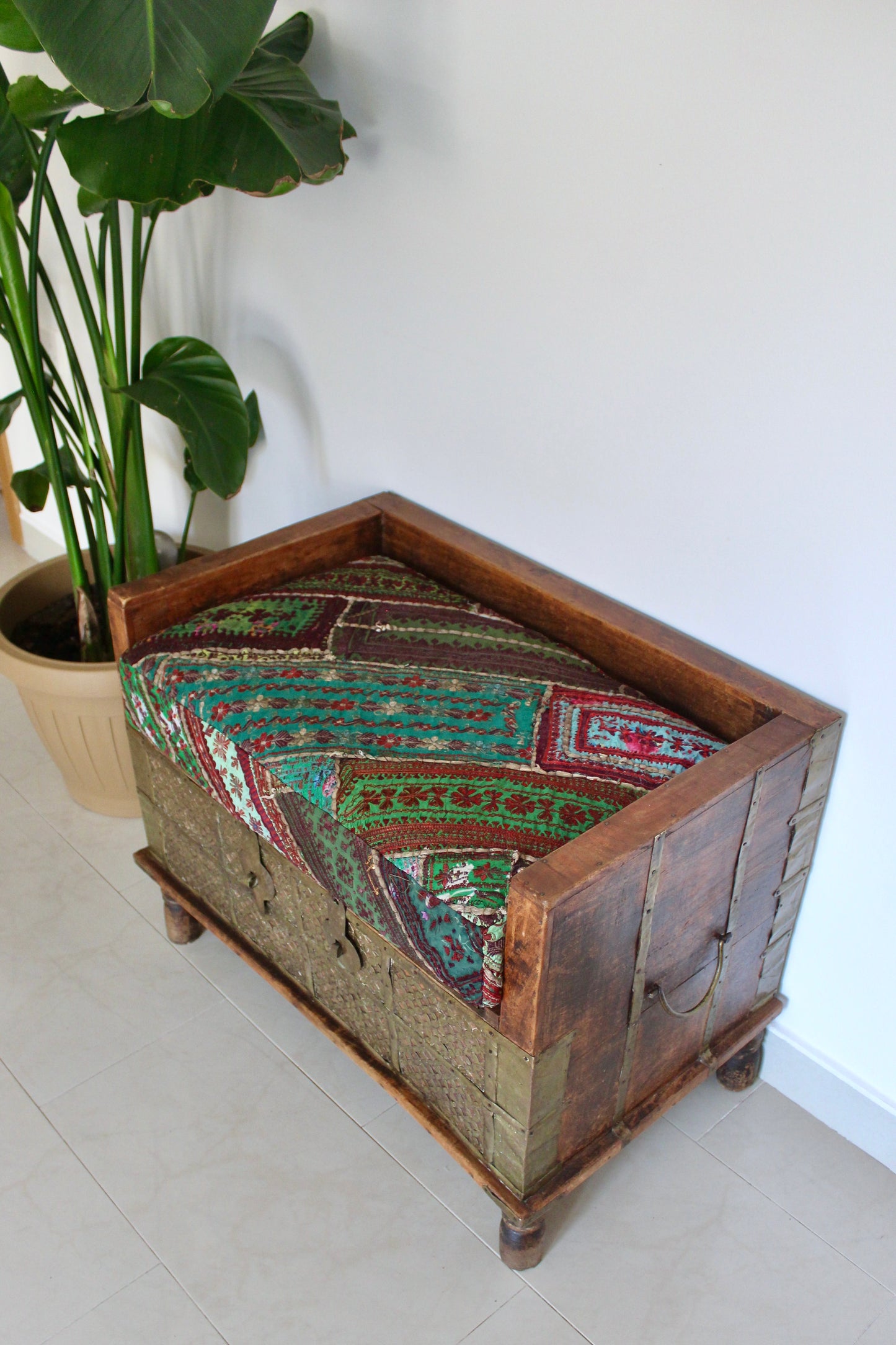 Vintage Indian Brass-Clad Bench with Custom Afghan Embroidered Cushion