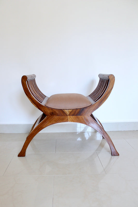 Indian Colonial-Style Curved Wooden Bench with Custom Cushion