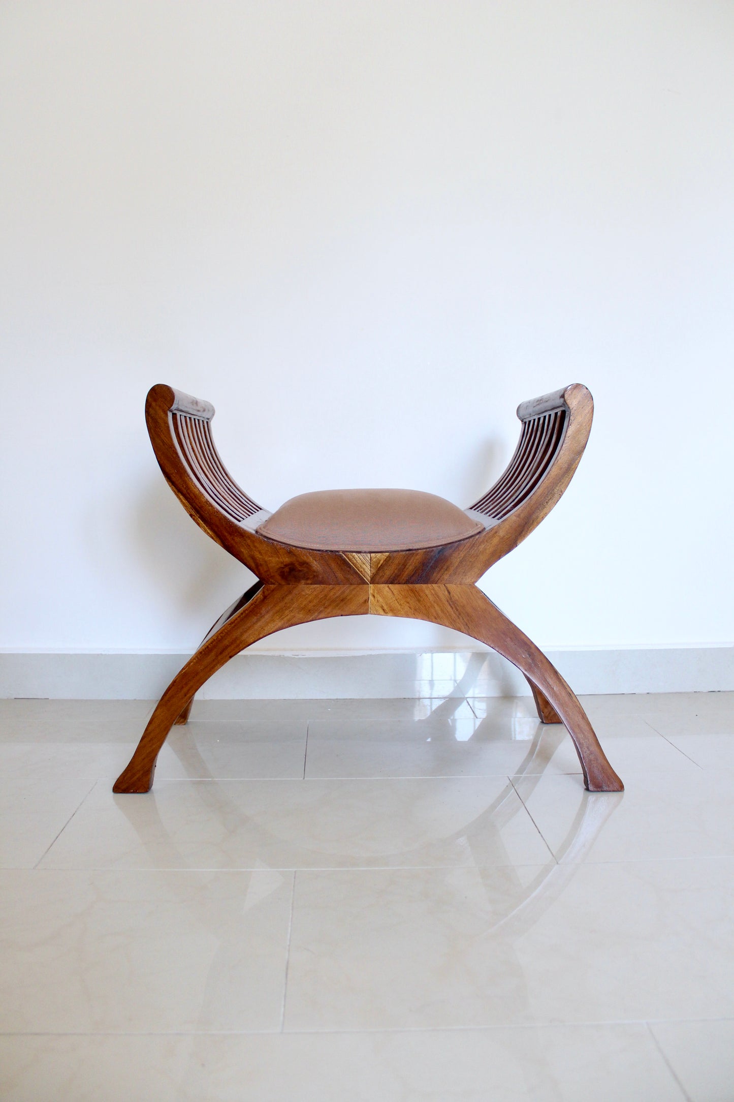 Indian Colonial-Style Curved Wooden Bench with Custom Cushion