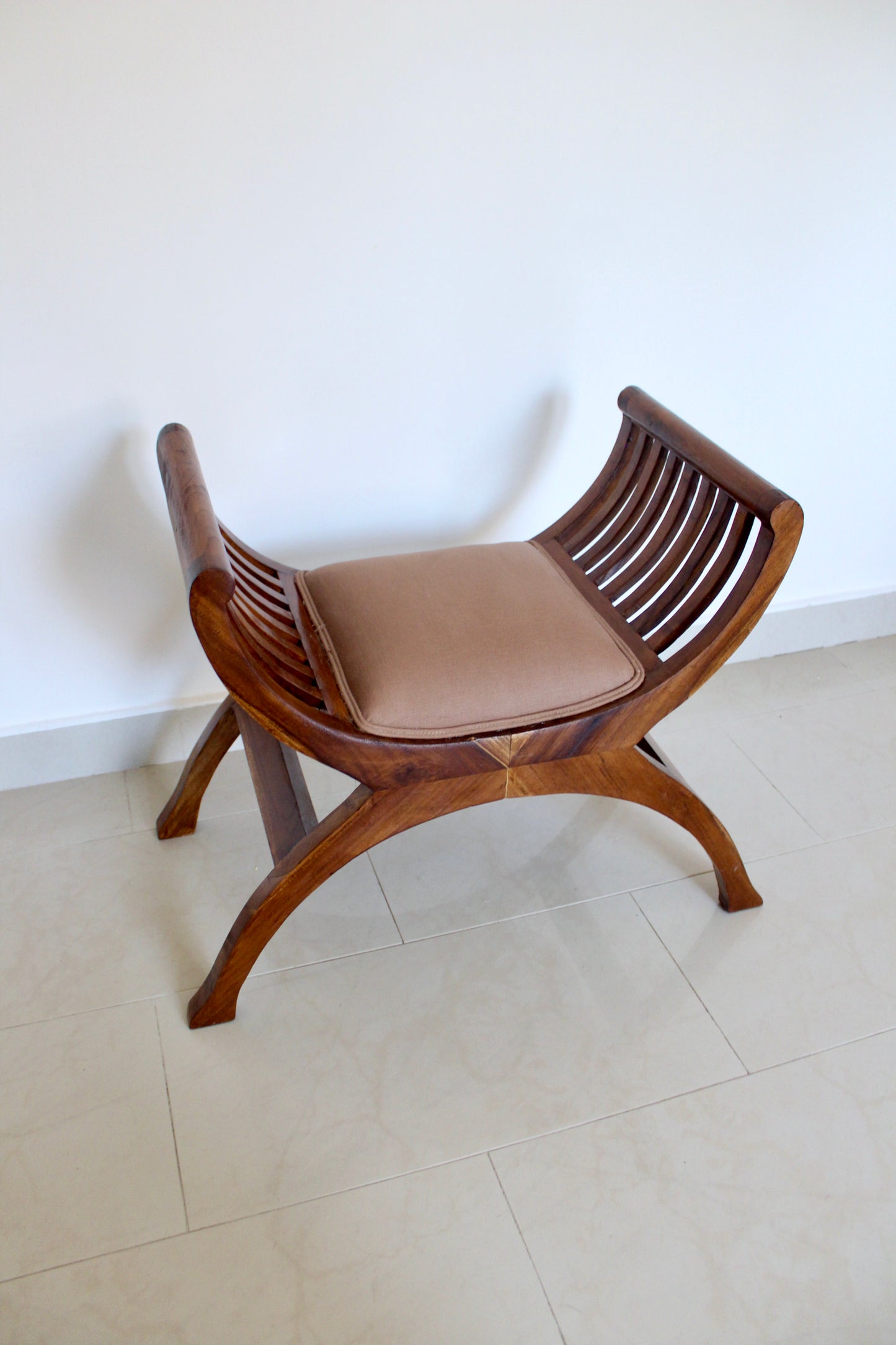 Indian Colonial-Style Curved Wooden Bench with Custom Cushion
