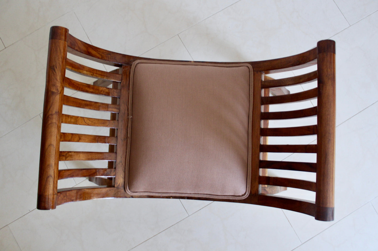 Indian Colonial-Style Curved Wooden Bench with Custom Cushion