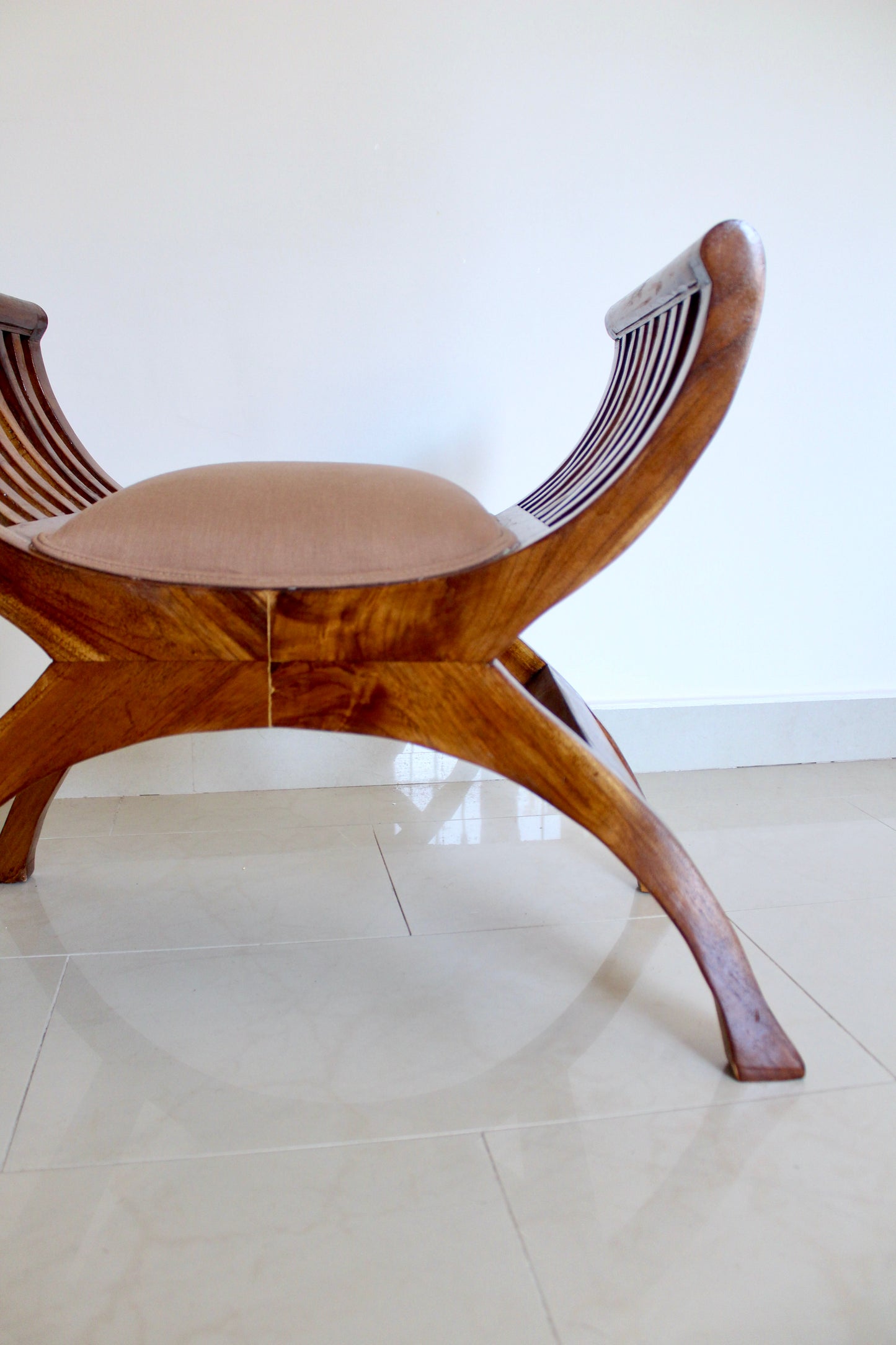 Indian Colonial-Style Curved Wooden Bench with Custom Cushion