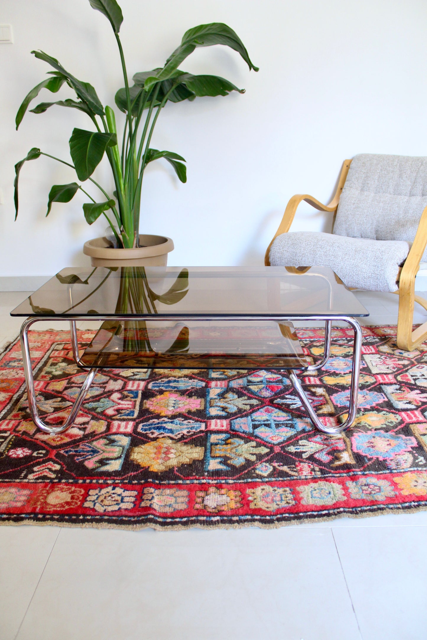 Vintage 1980s Chrome & Smoked Glass Two-Tier Coffee Table
