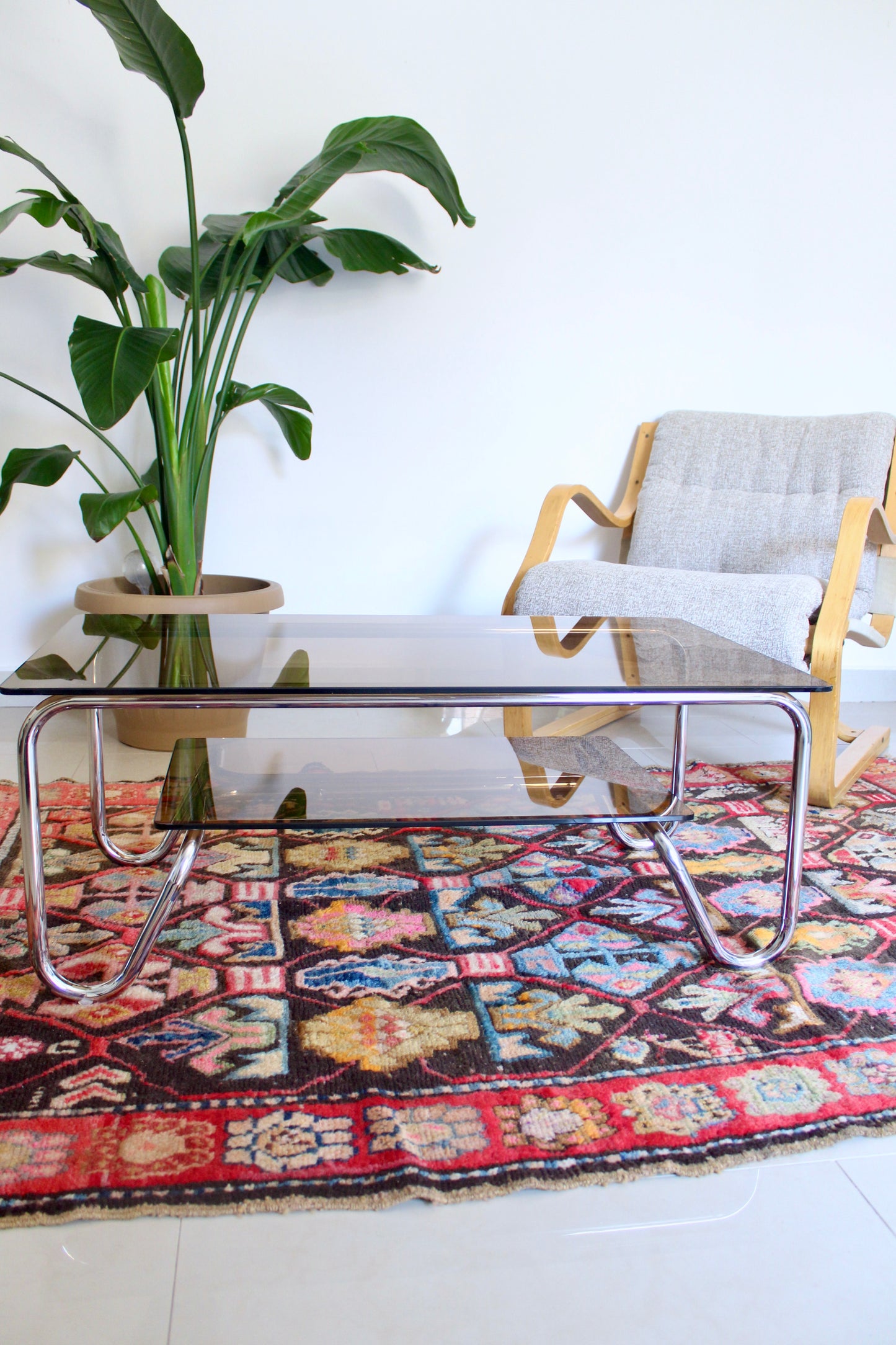 Vintage 1980s Chrome & Smoked Glass Two-Tier Coffee Table