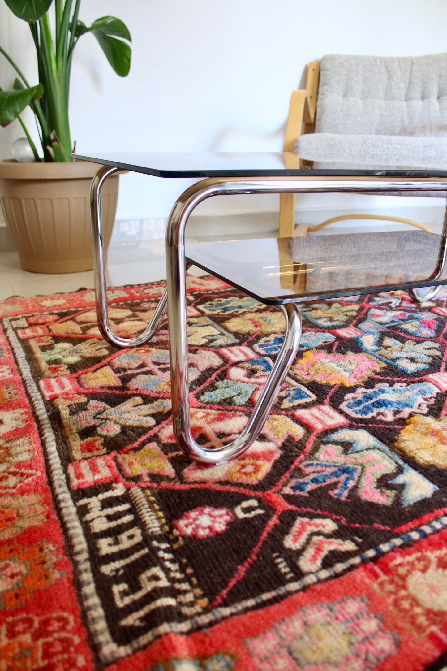 Vintage 1980s Chrome & Smoked Glass Two-Tier Coffee Table