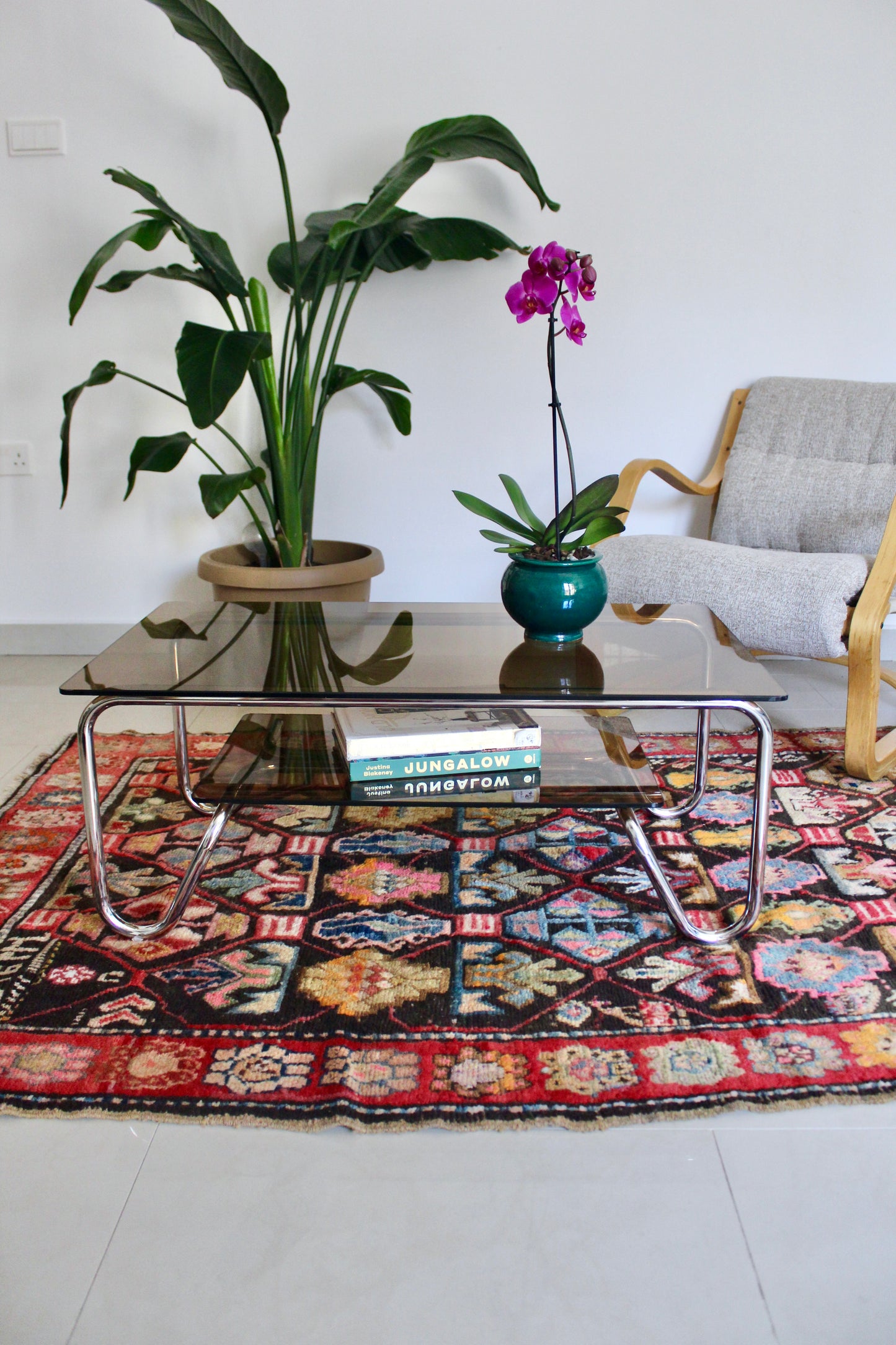 Vintage 1980s Chrome & Smoked Glass Two-Tier Coffee Table