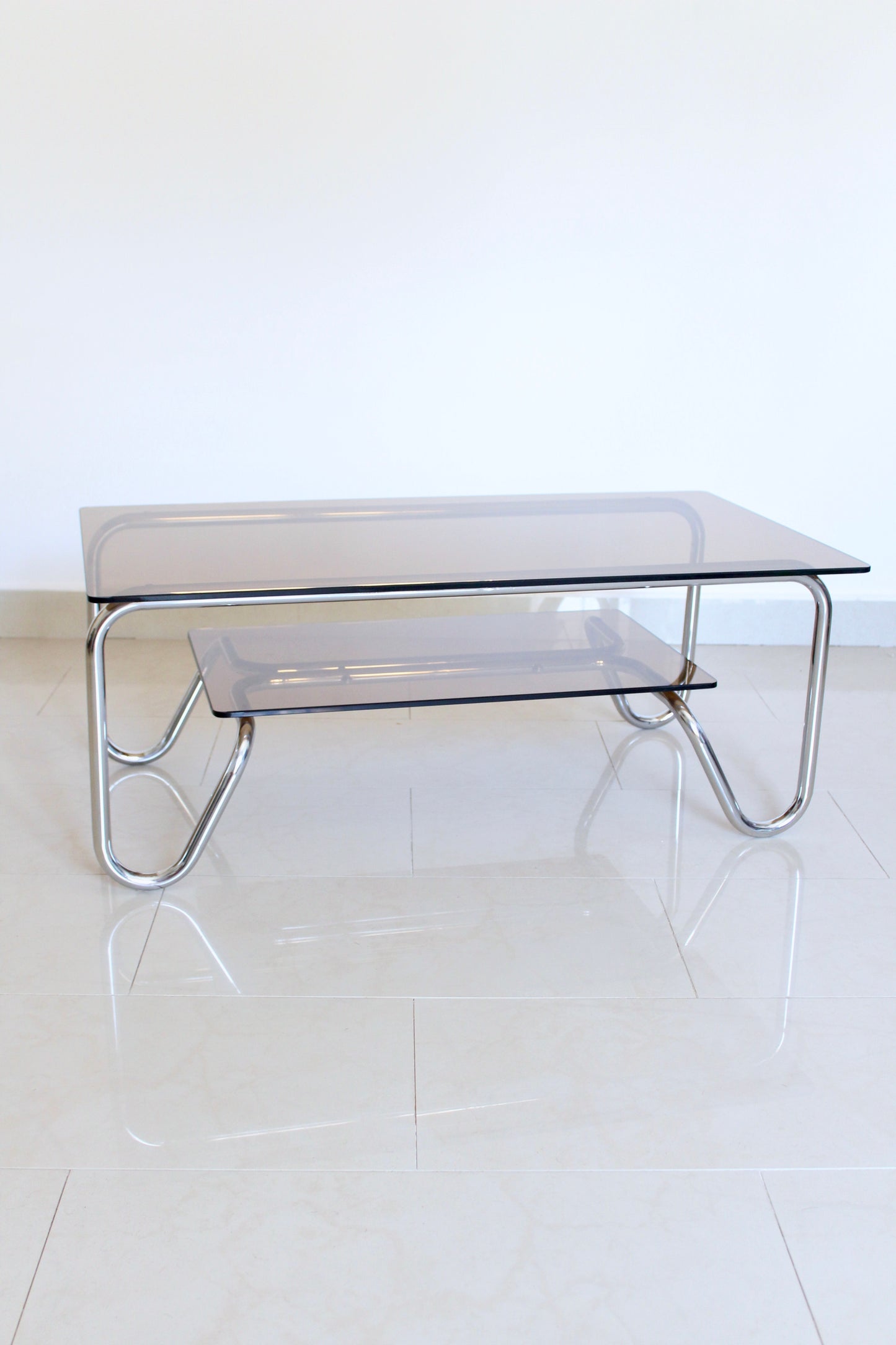 Vintage 1980s Chrome & Smoked Glass Two-Tier Coffee Table